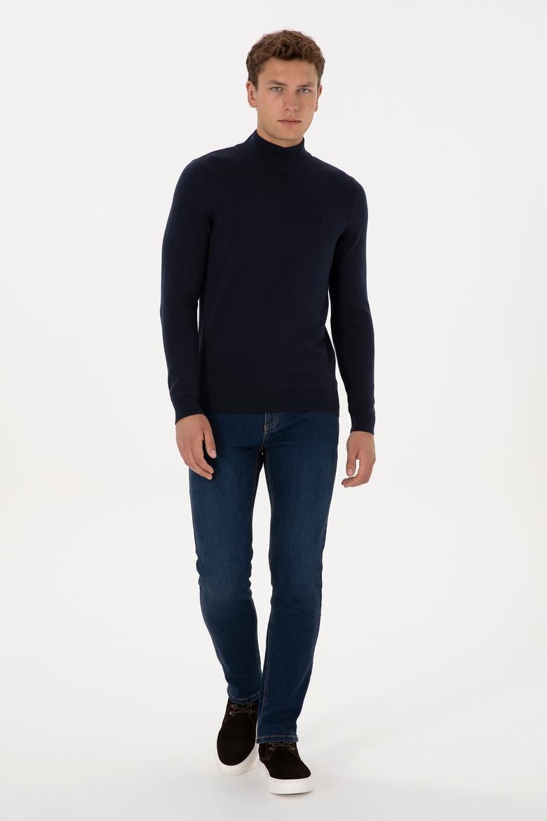 Erkek Slim Fit Yarım Balıkçı Yaka Lacivert Basic Kazak - 50307783044