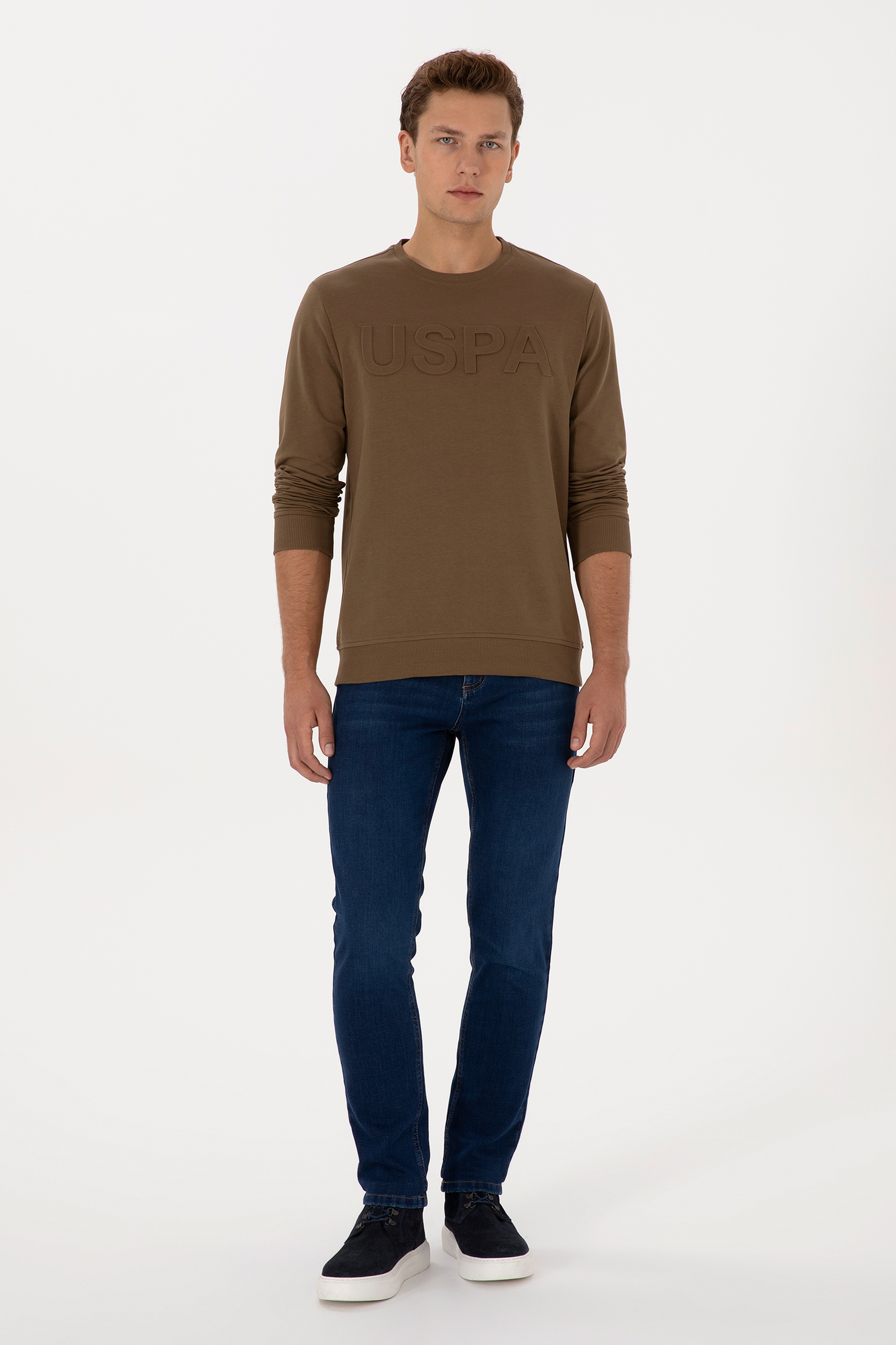 Erkek Regular Fit Bisiklet Yaka Haki Basic Sweatshirt - Image 4