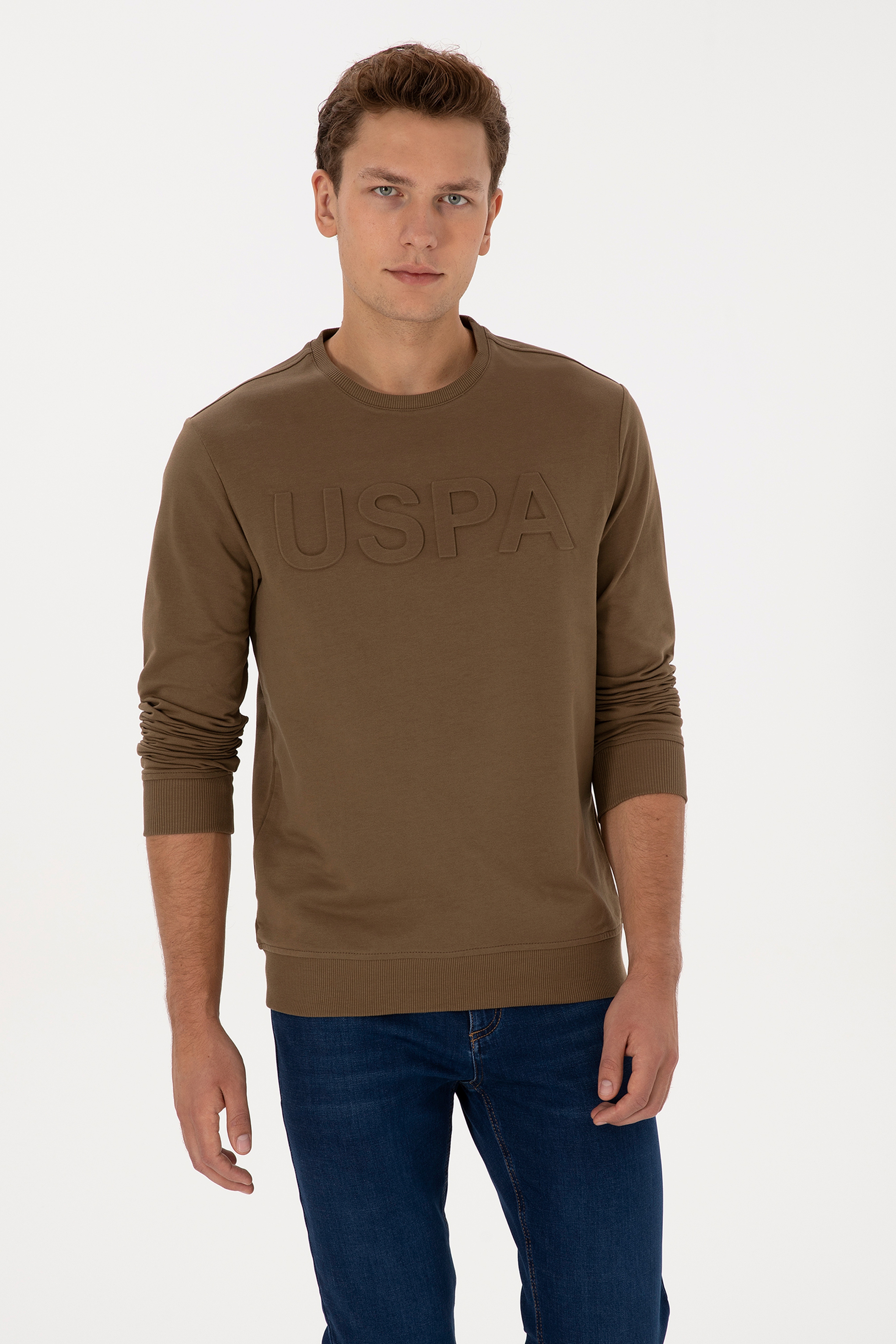 Erkek Regular Fit Bisiklet Yaka Haki Basic Sweatshirt - Image 3