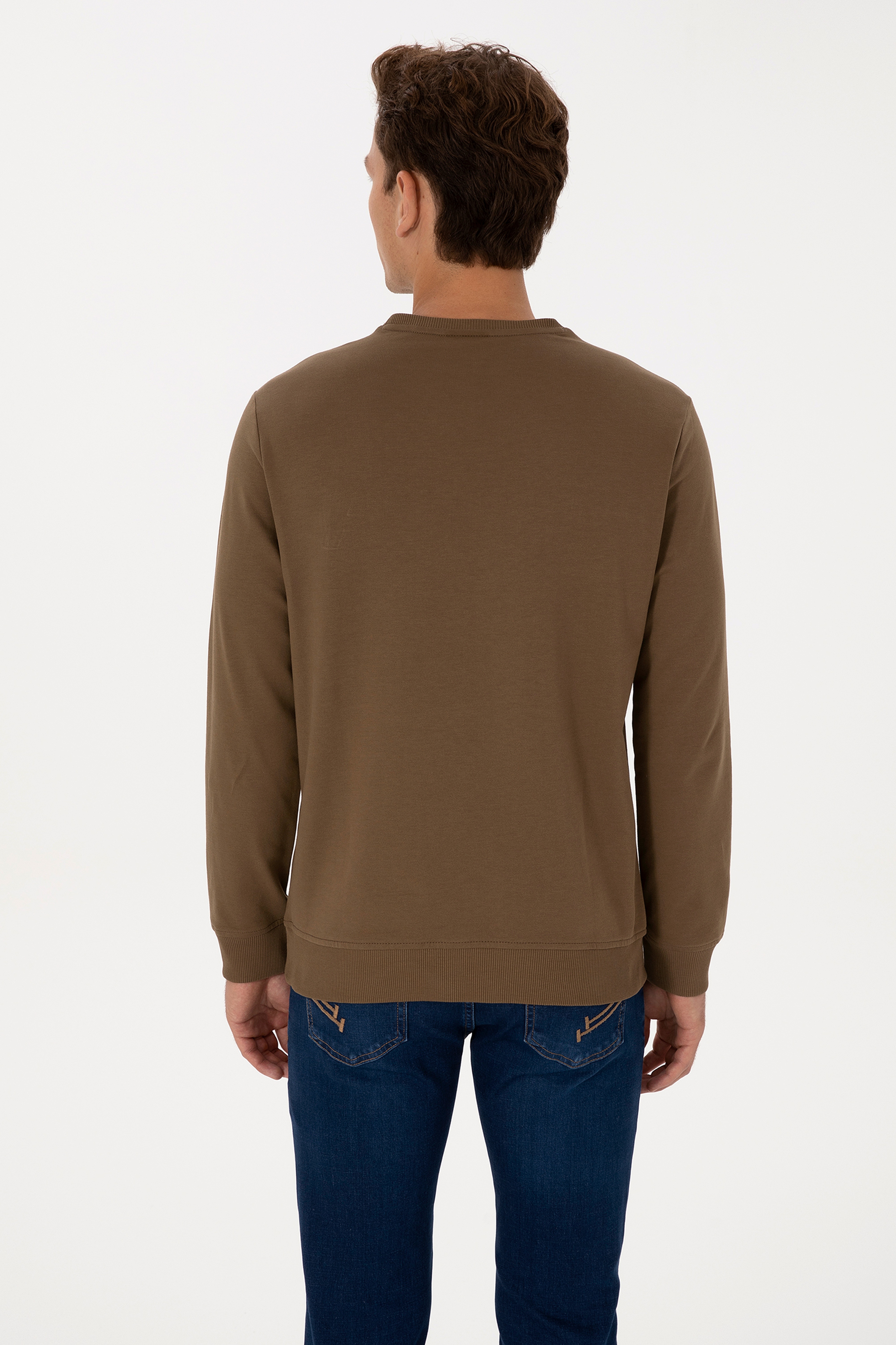 Erkek Regular Fit Bisiklet Yaka Haki Basic Sweatshirt - Image 5