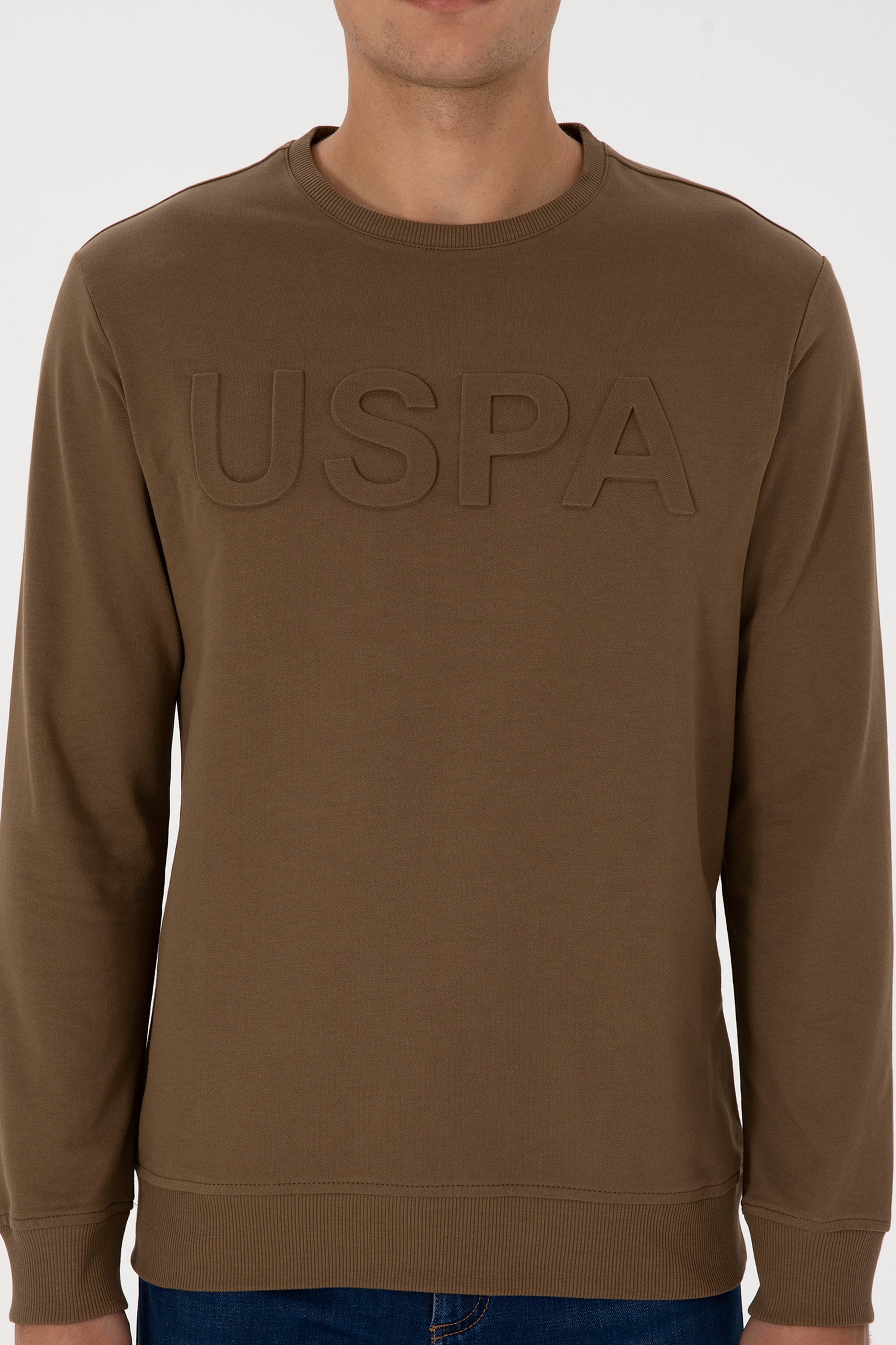 Erkek Regular Fit Bisiklet Yaka Haki Basic Sweatshirt