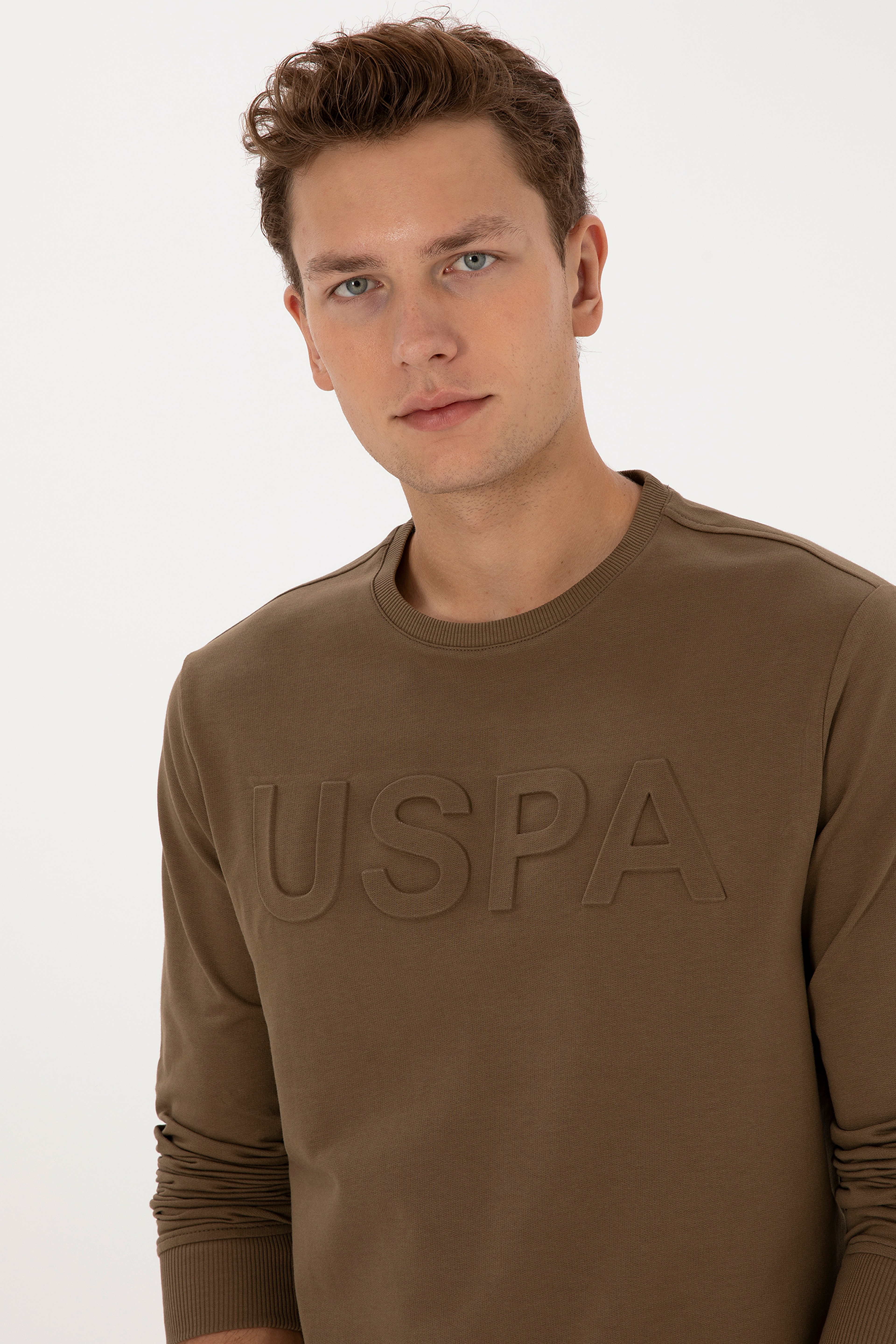 Erkek Regular Fit Bisiklet Yaka Haki Basic Sweatshirt