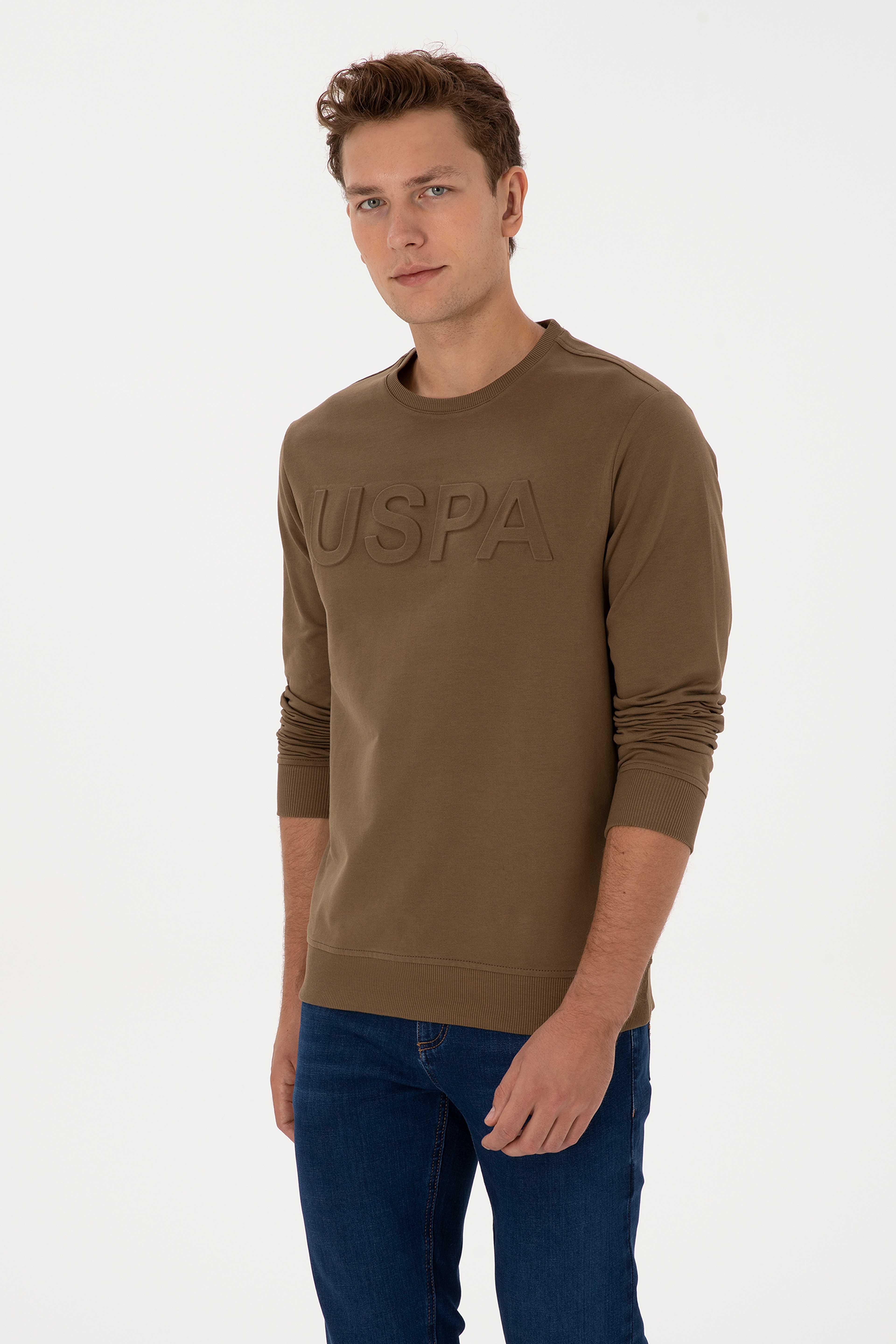 Erkek Regular Fit Bisiklet Yaka Haki Basic Sweatshirt