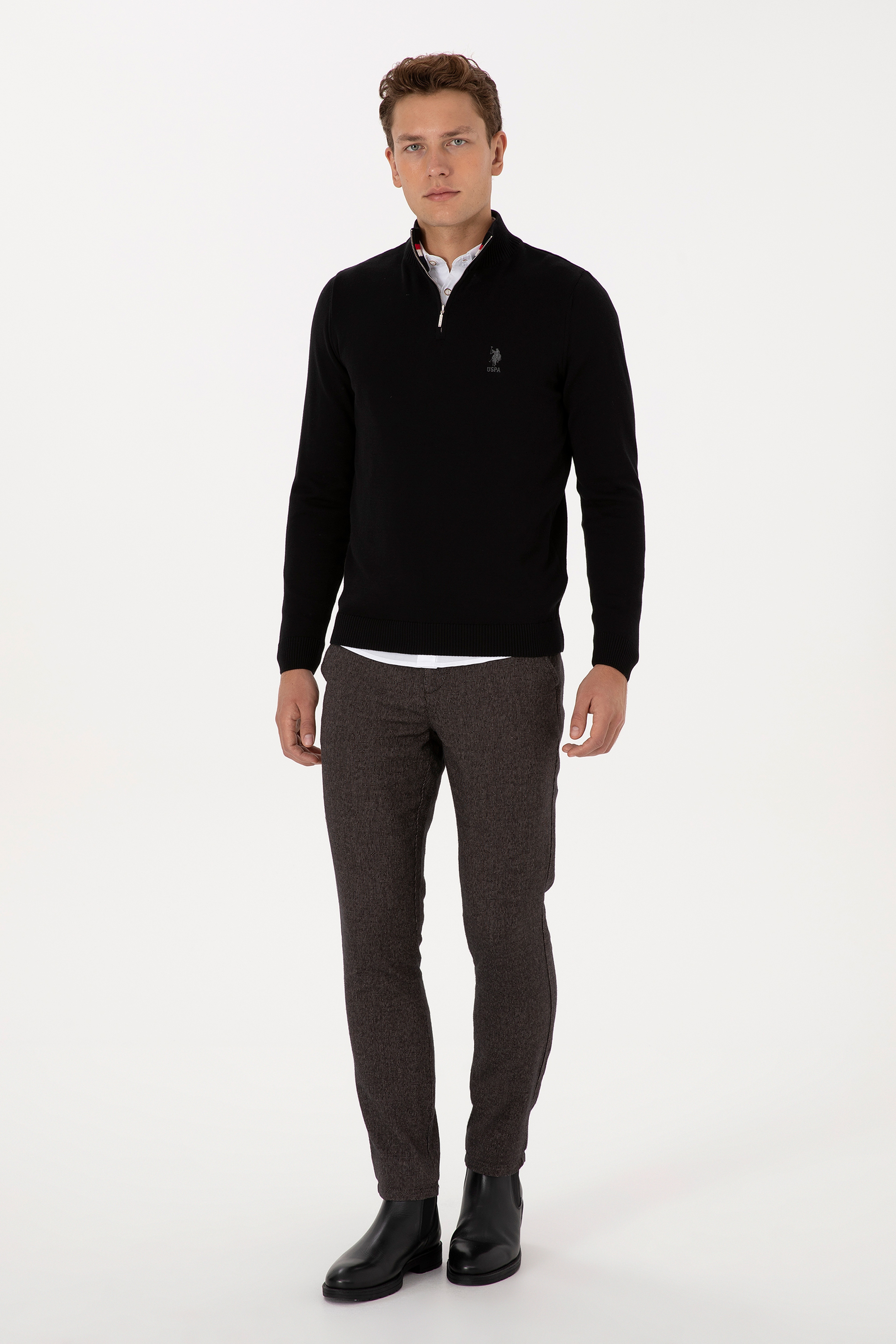 Erkek Slim Fit Yarım Fermuarlı Siyah Kazak - Image 4