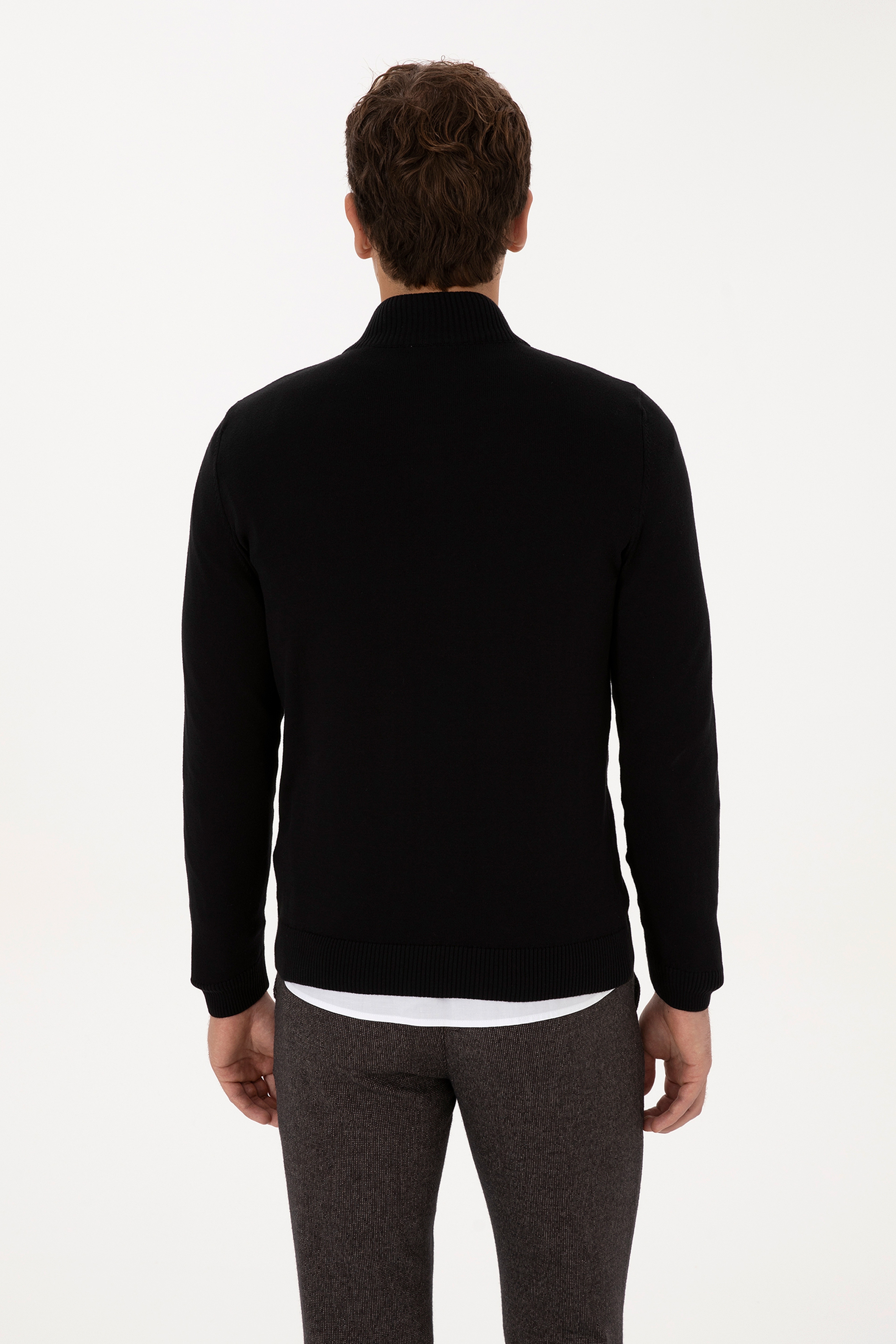 Erkek Slim Fit Yarım Fermuarlı Siyah Kazak - Image 5
