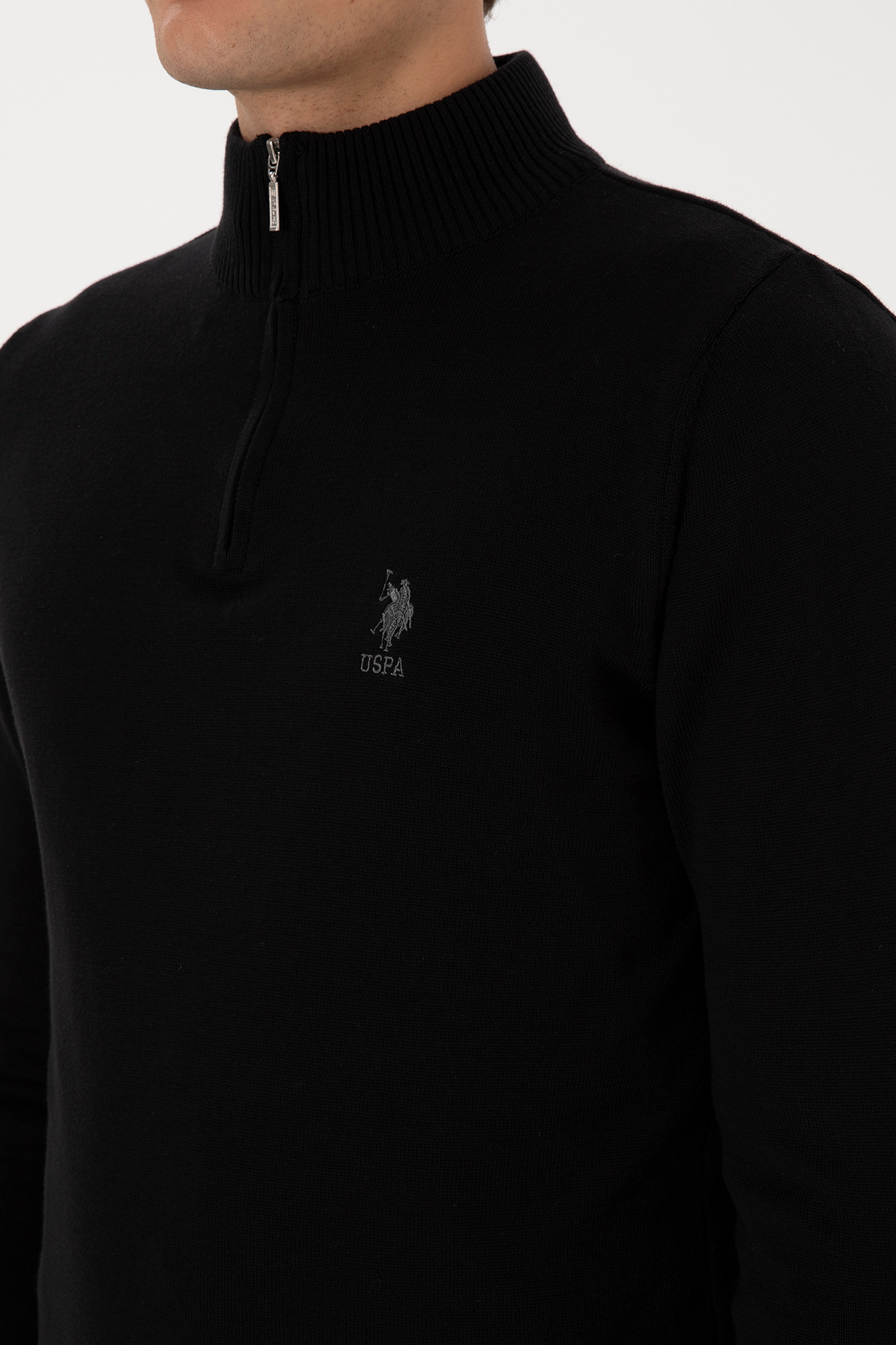 Erkek Slim Fit Yarım Fermuarlı Siyah Kazak