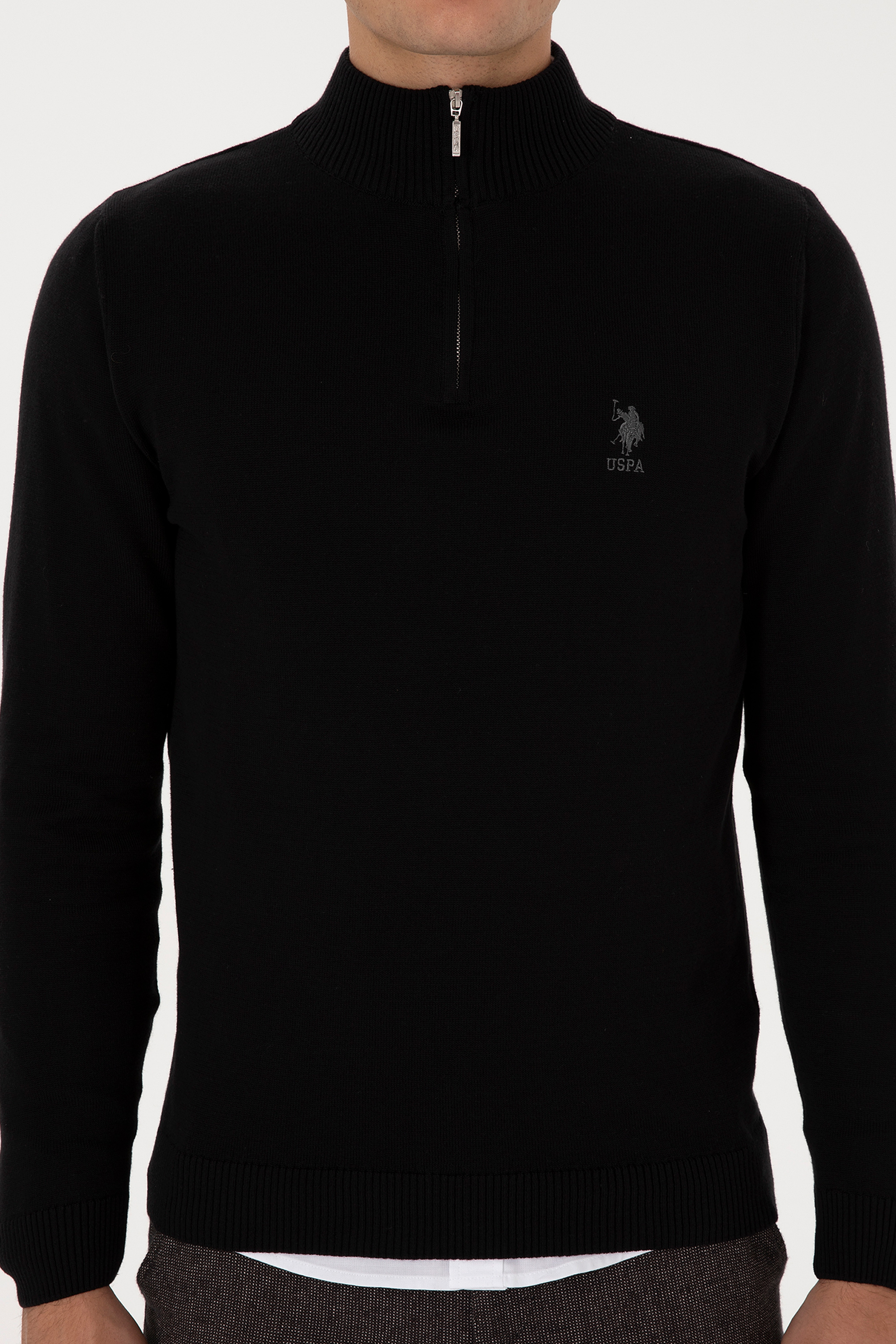 Erkek Slim Fit Yarım Fermuarlı Siyah Kazak