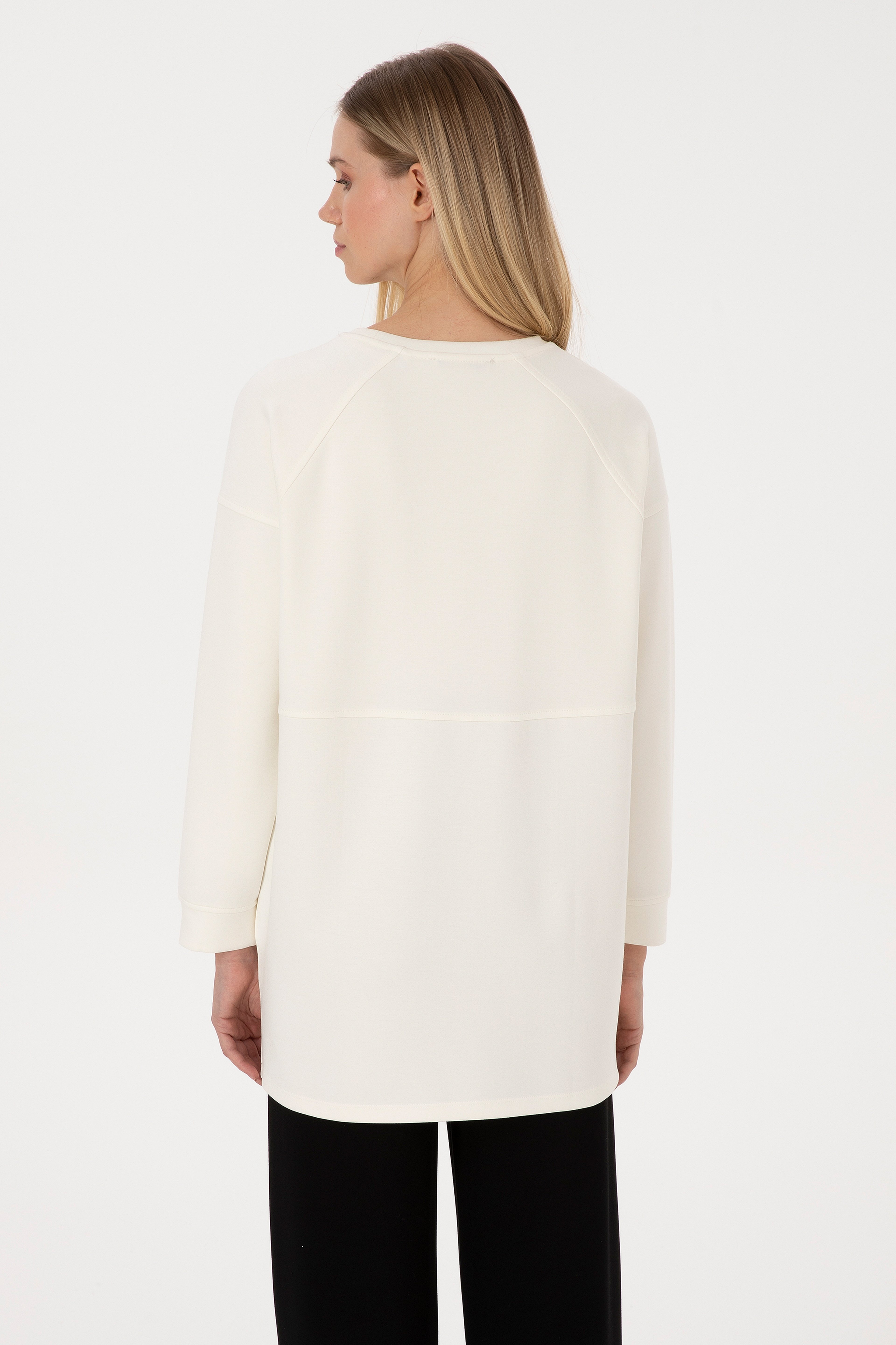 Kadın Krem Uzun Bisiklet Yaka Sweatshirt - Image 5
