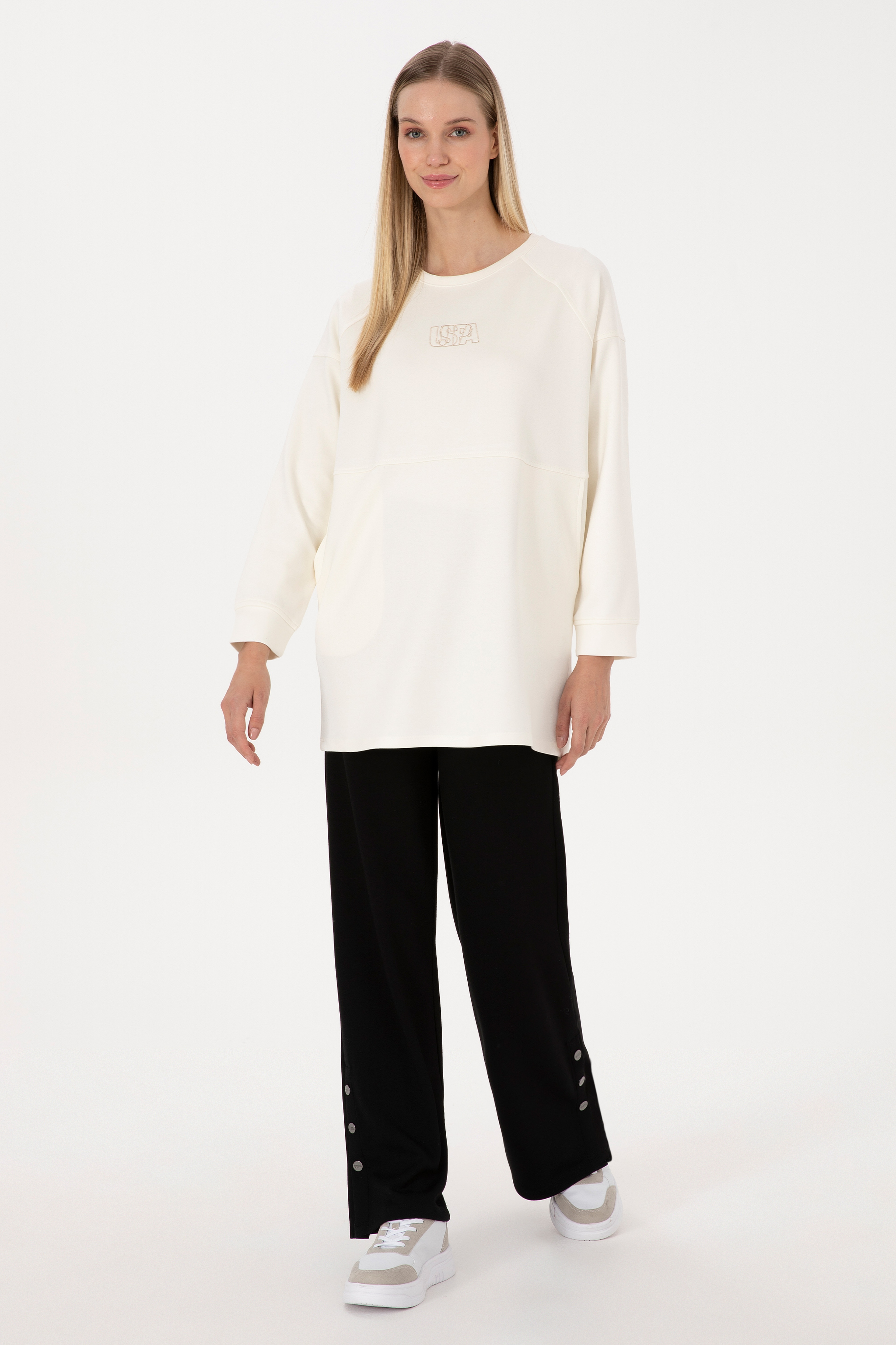 Kadın Krem Uzun Bisiklet Yaka Sweatshirt - Image 4
