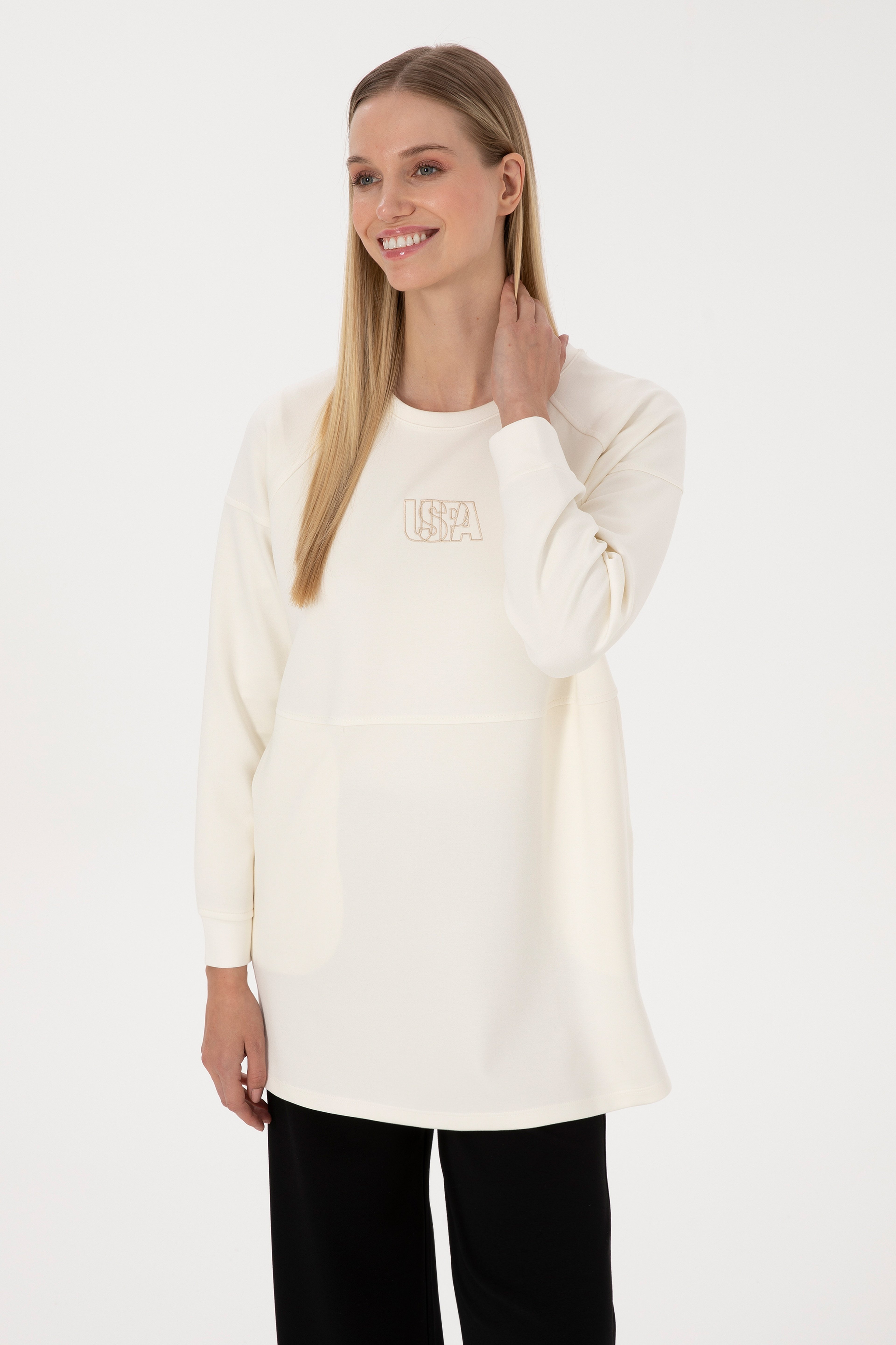 Kadın Krem Uzun Bisiklet Yaka Sweatshirt