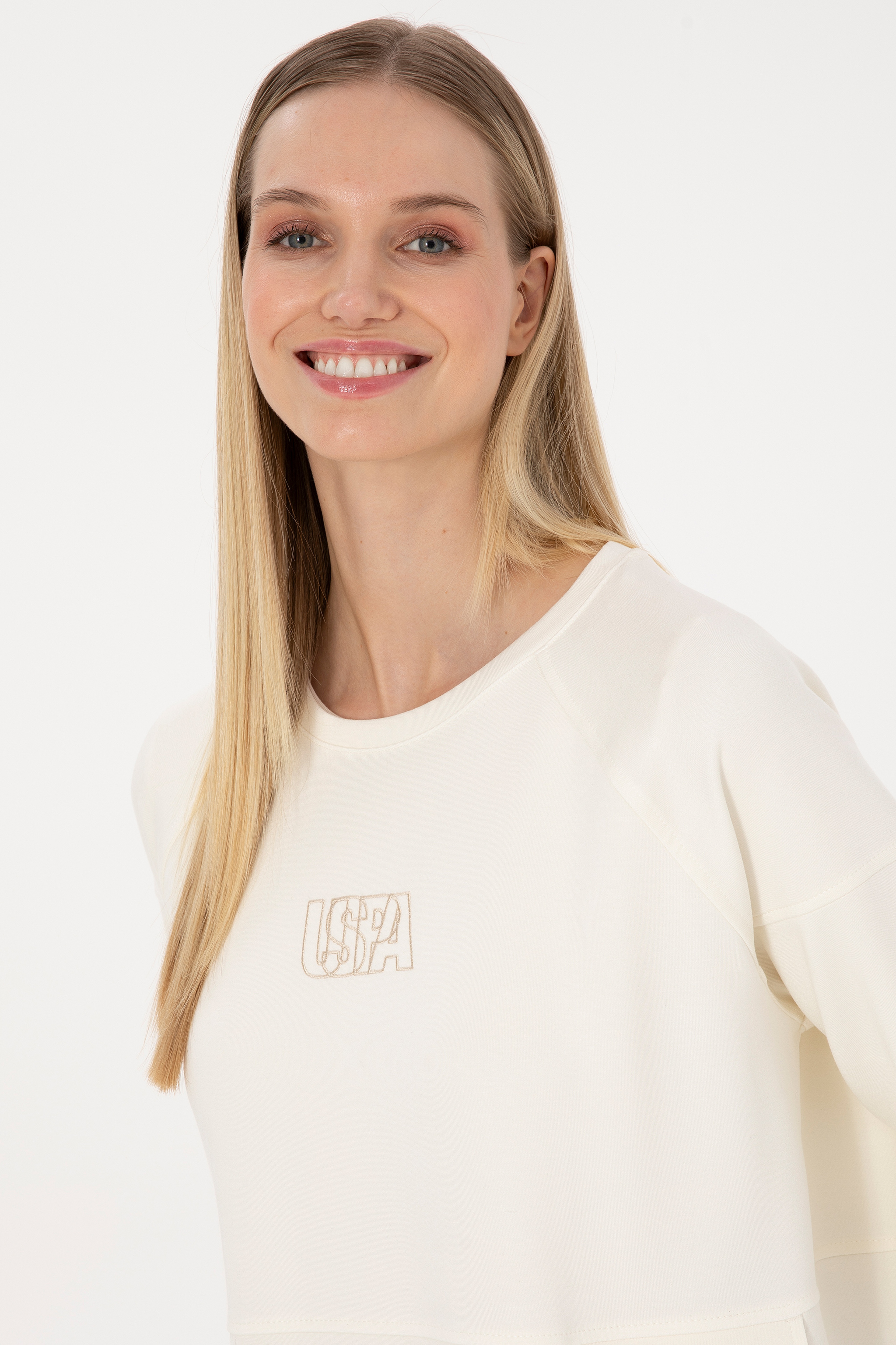 Kadın Krem Uzun Bisiklet Yaka Sweatshirt - Image 2