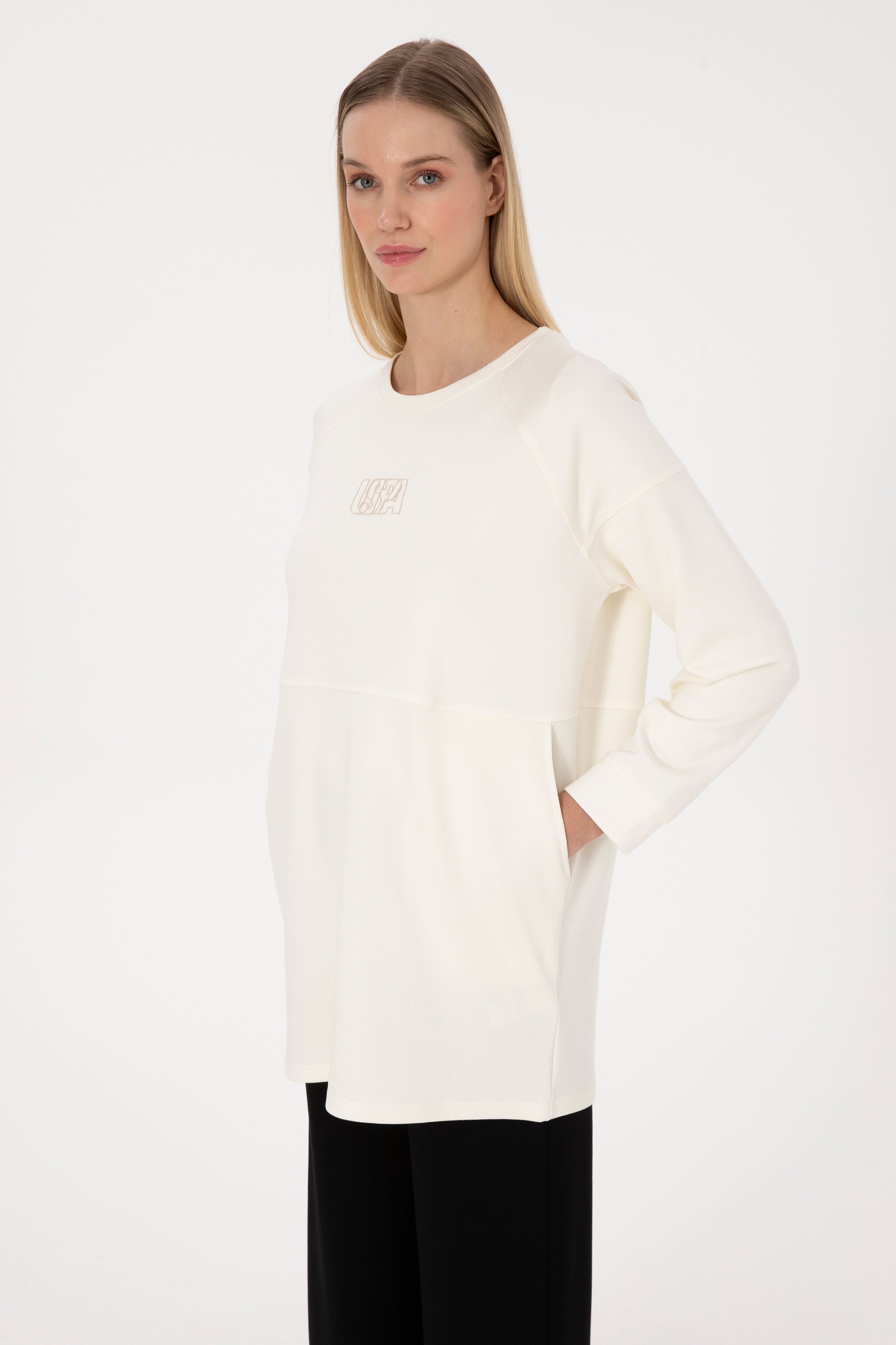 Kadın Krem Uzun Bisiklet Yaka Sweatshirt - Image 1
