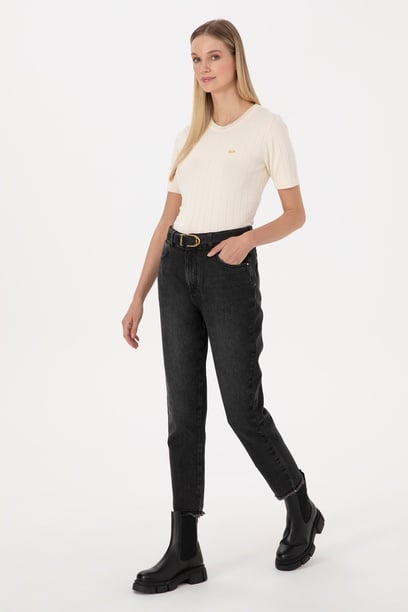 Kadın Siyah Mom High Waist Fit Jean Pantolon