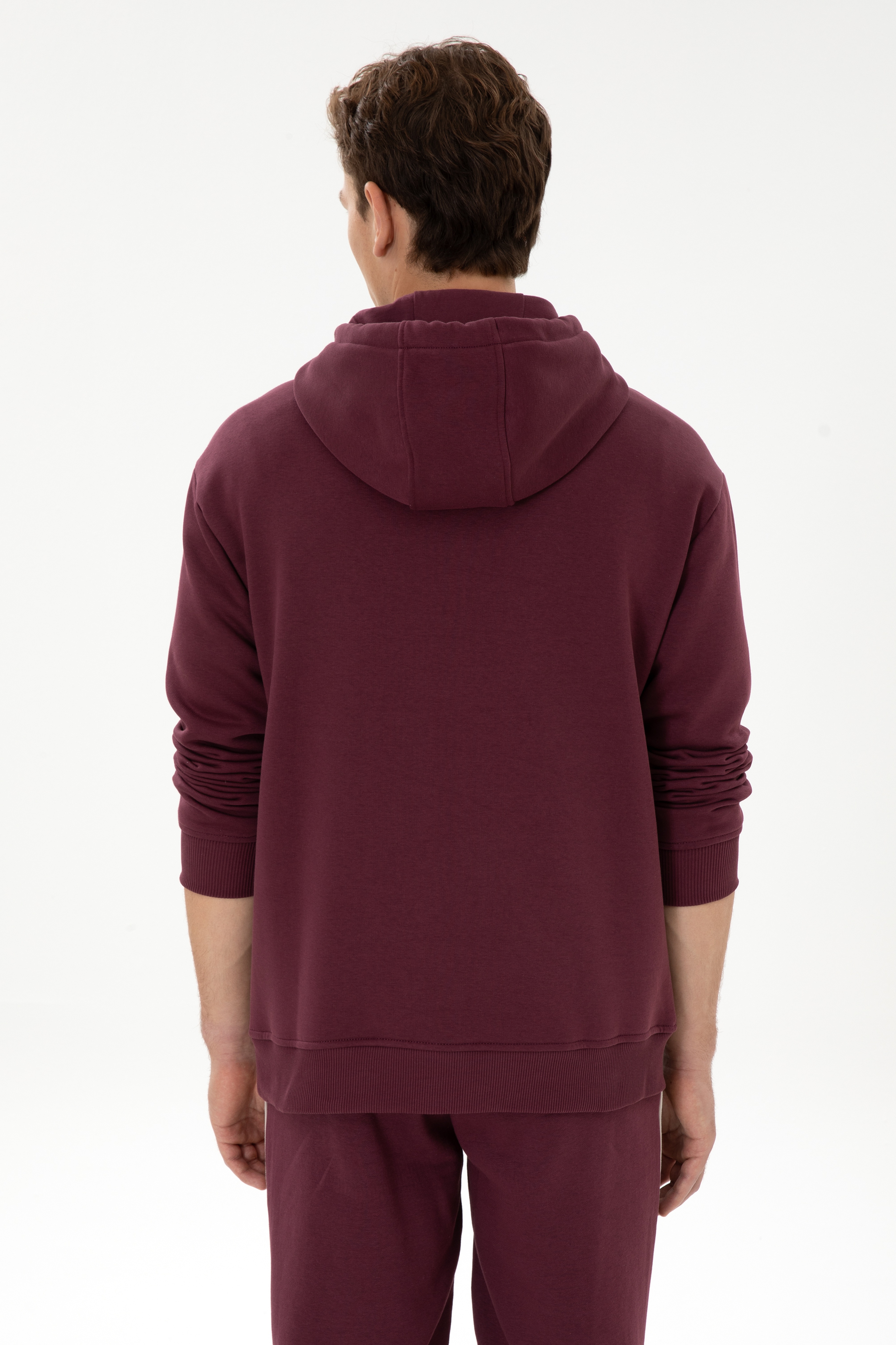 Erkek Oversize Fit Kapüşonlu Şardonlu Bordo Basic Sweatshirt - Image 5