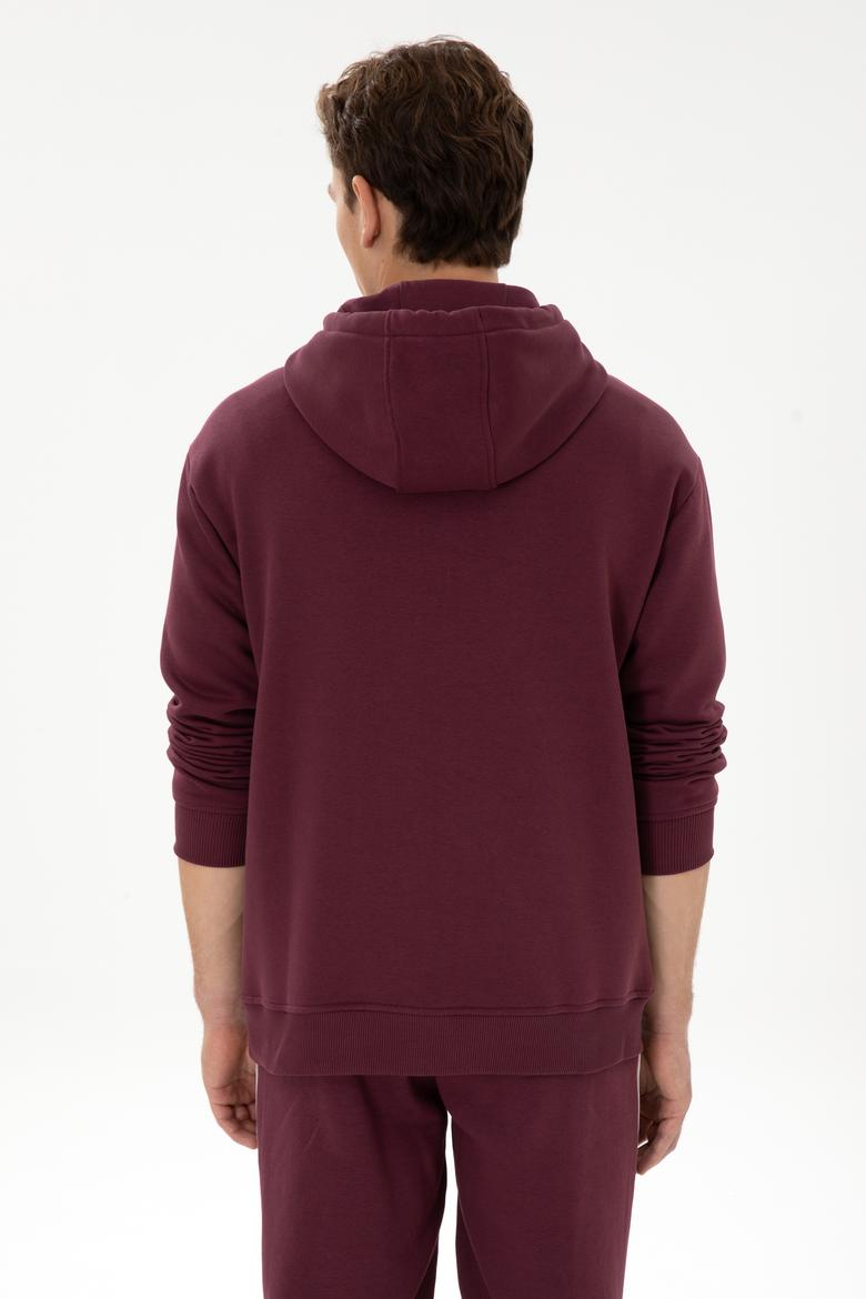 Erkek Oversize Fit Kapüşonlu Şardonlu Bordo Basic Sweatshirt - 50313782136