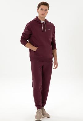 Erkek Oversize Fit Kapüşonlu Şardonlu Bordo Basic Sweatshirt - 50313782136