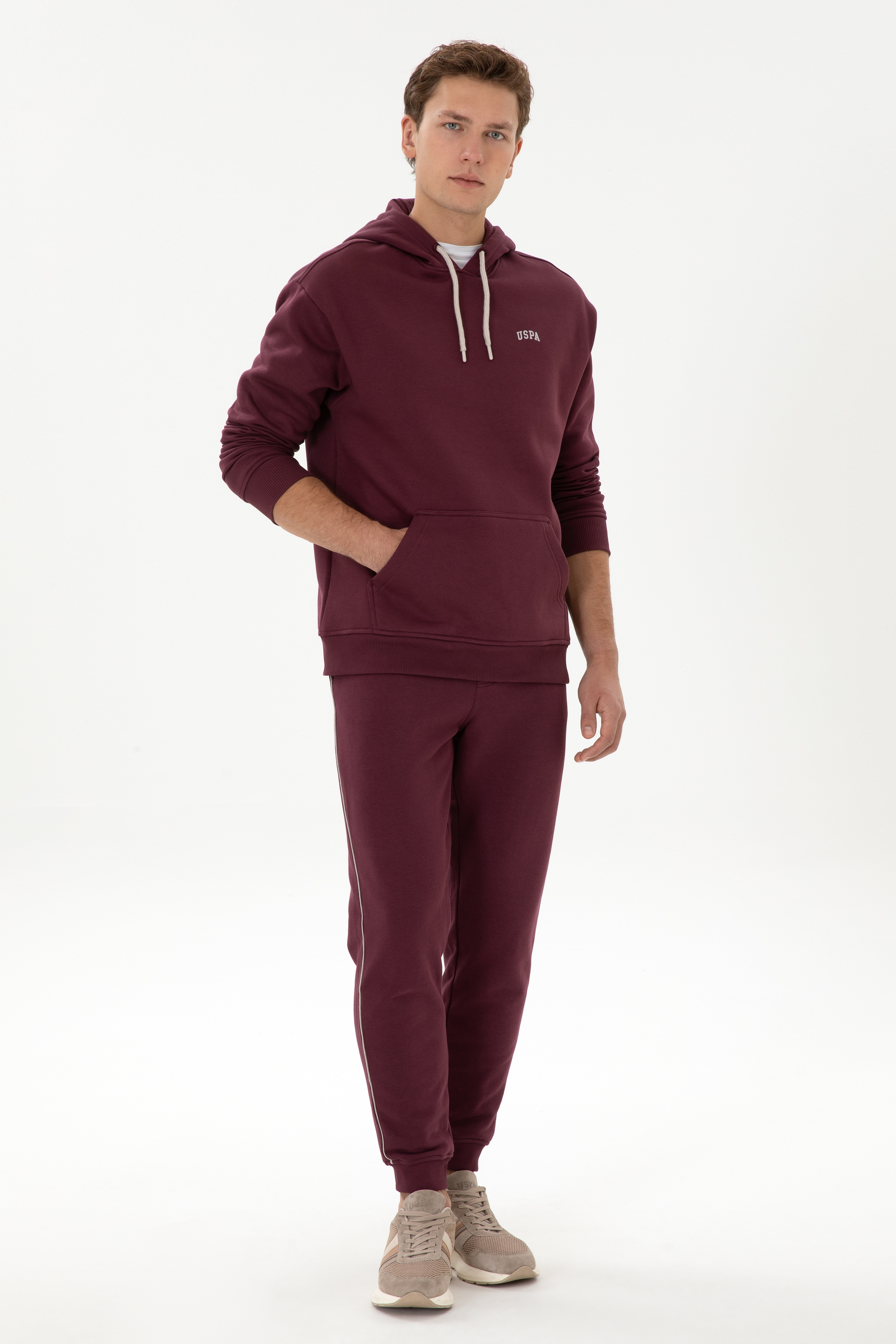 Erkek Oversize Fit Kapüşonlu Şardonlu Bordo Basic Sweatshirt