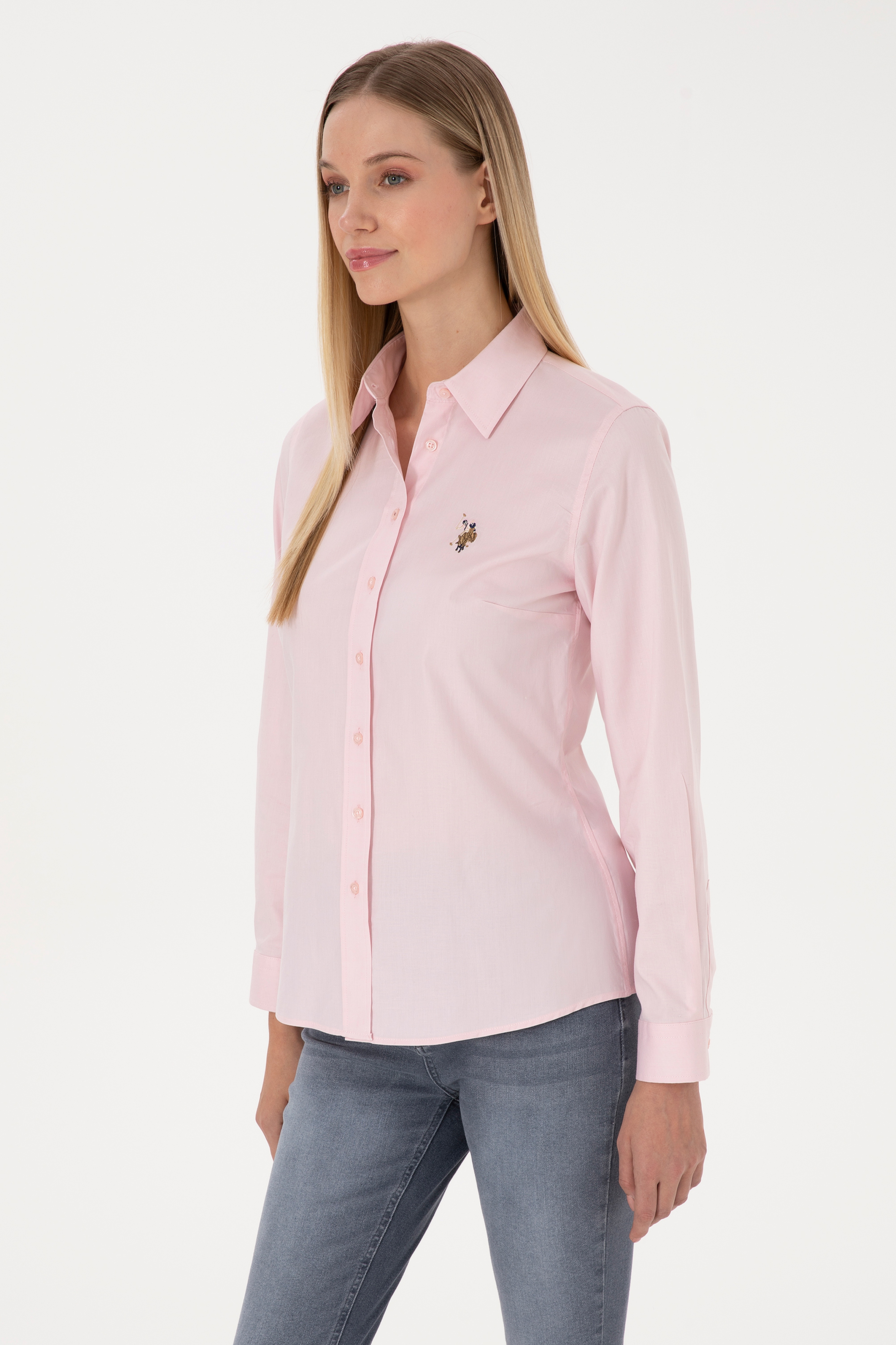 Kadın Açık Pembe Uzun Kollu Basic Gömlek - Image 3