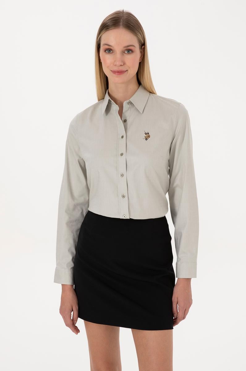 Kadın Açık Haki Uzun Kollu Basic Gömlek