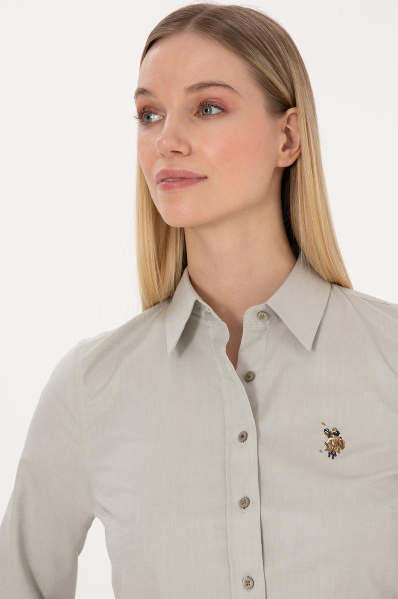 Kadın Açık Haki Uzun Kollu Basic Gömlek