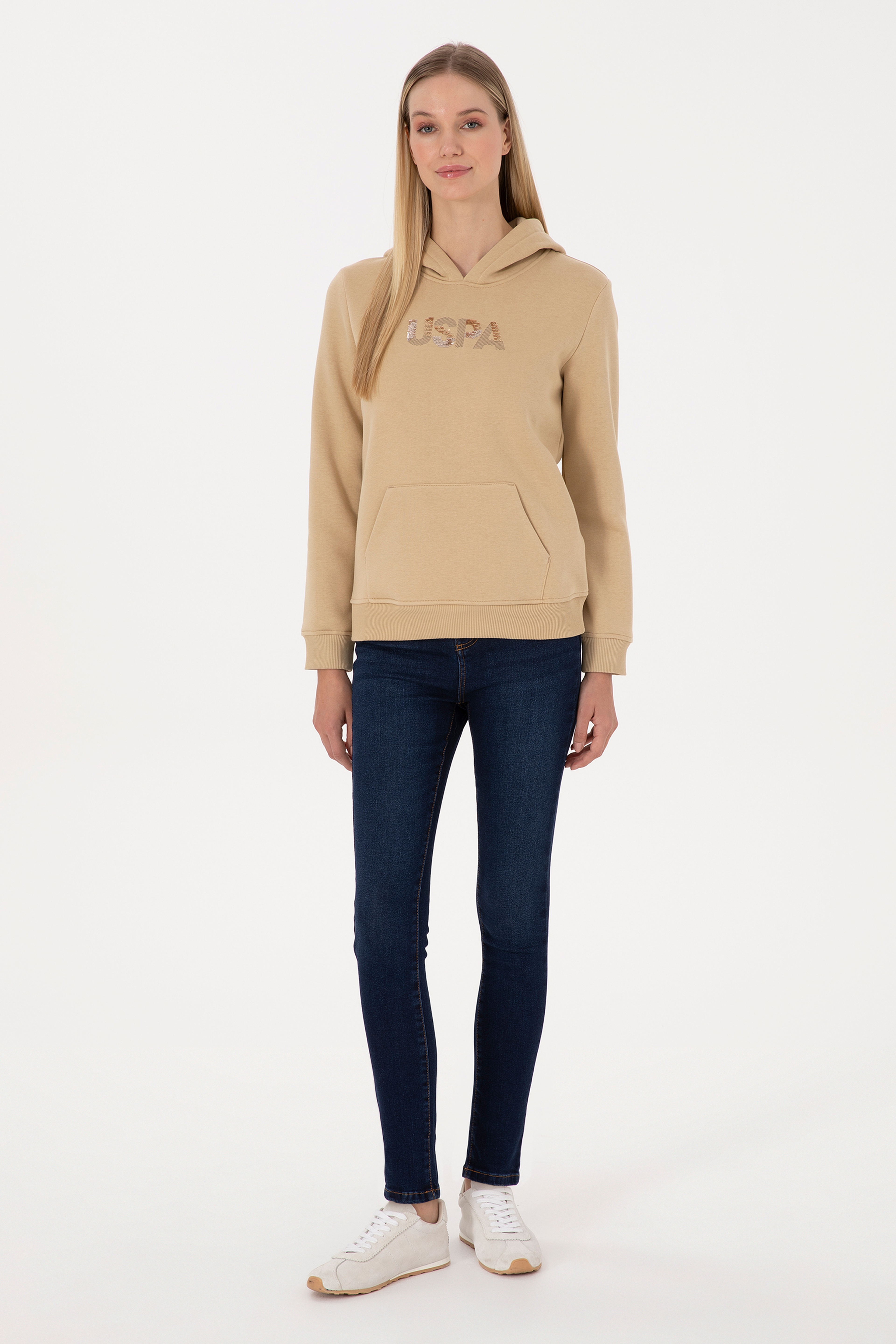 Kadın Kum Kapüşonlu Basic Sweatshirt - Image 4