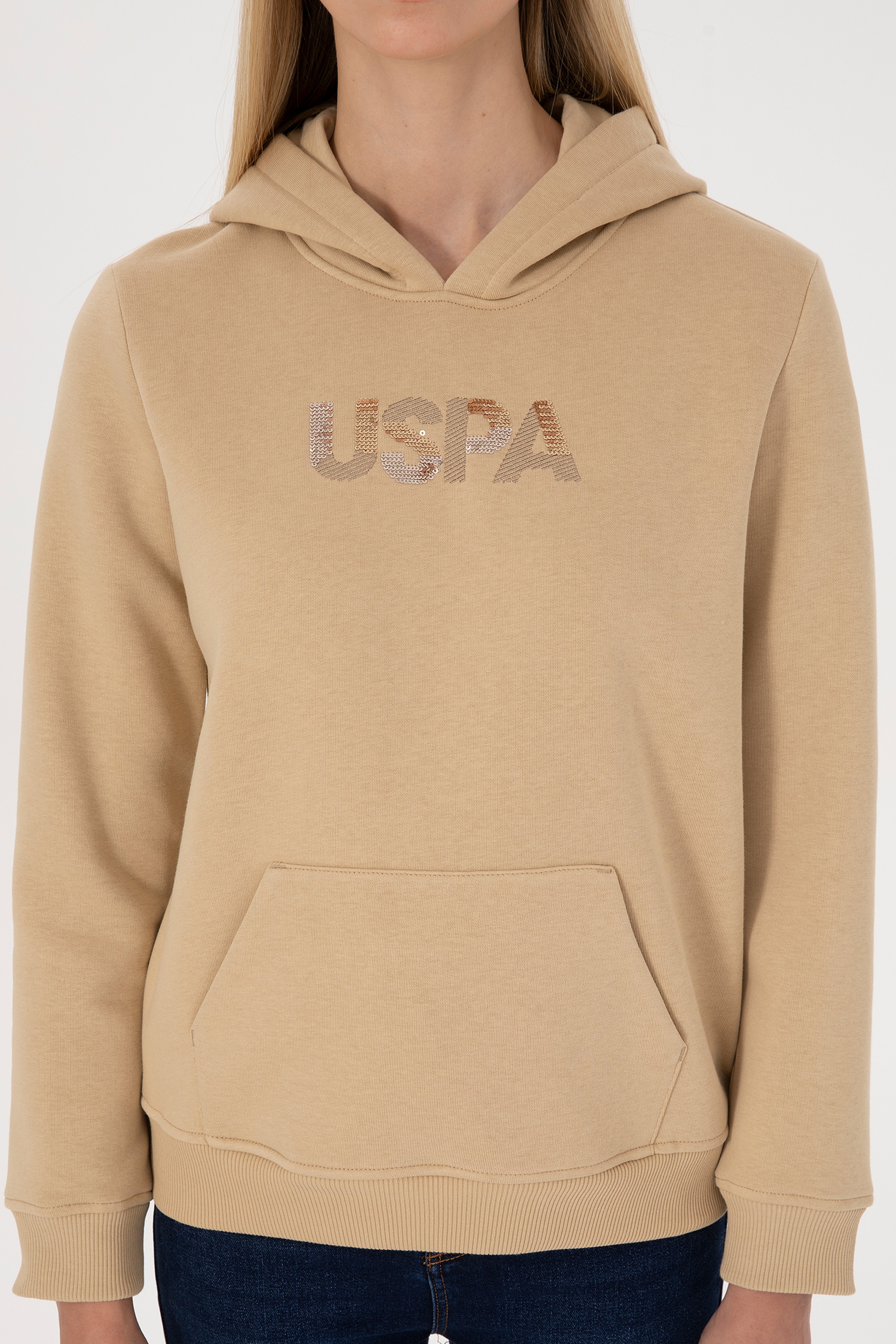 Kadın Kum Kapüşonlu Basic Sweatshirt