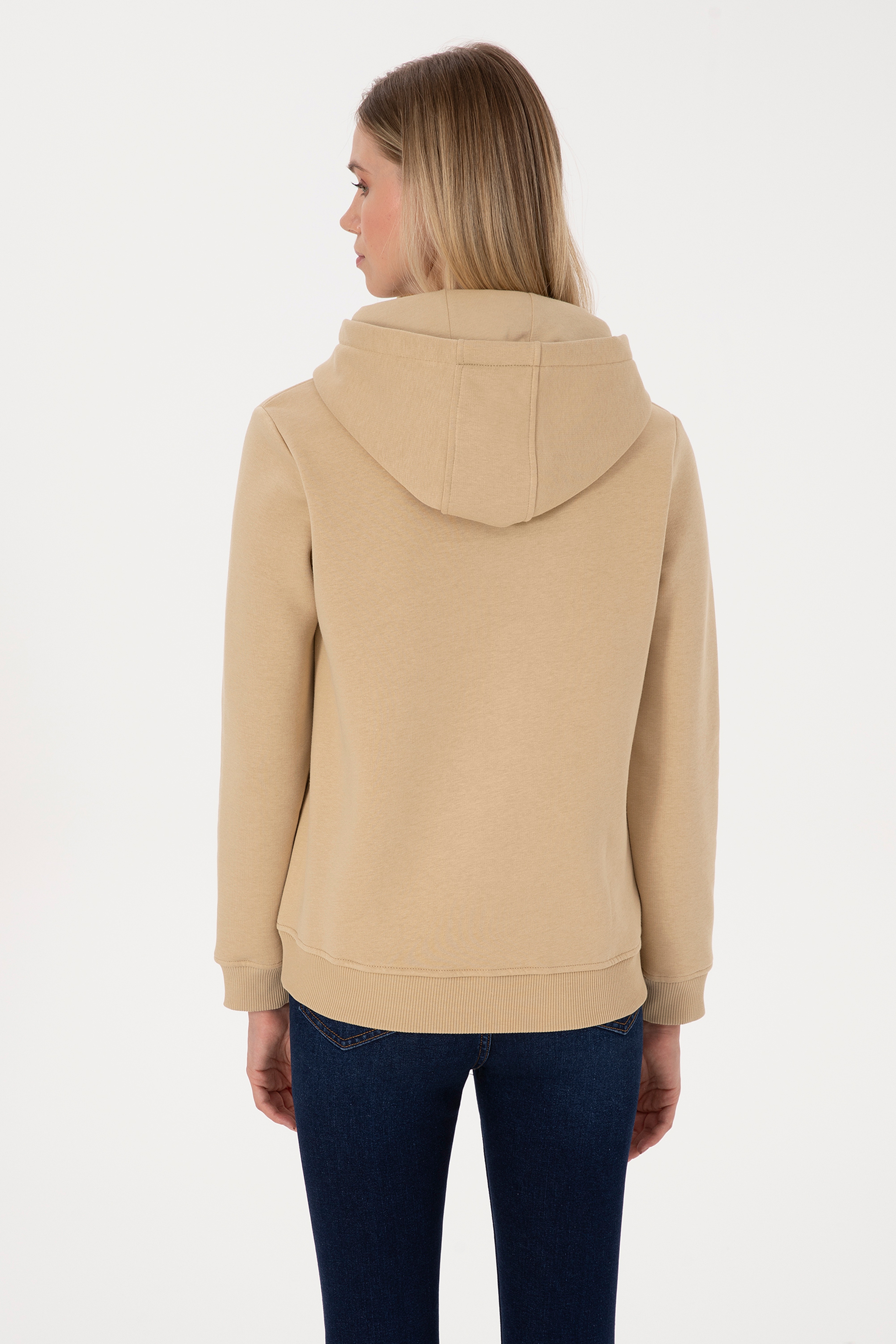 Kadın Kum Kapüşonlu Basic Sweatshirt