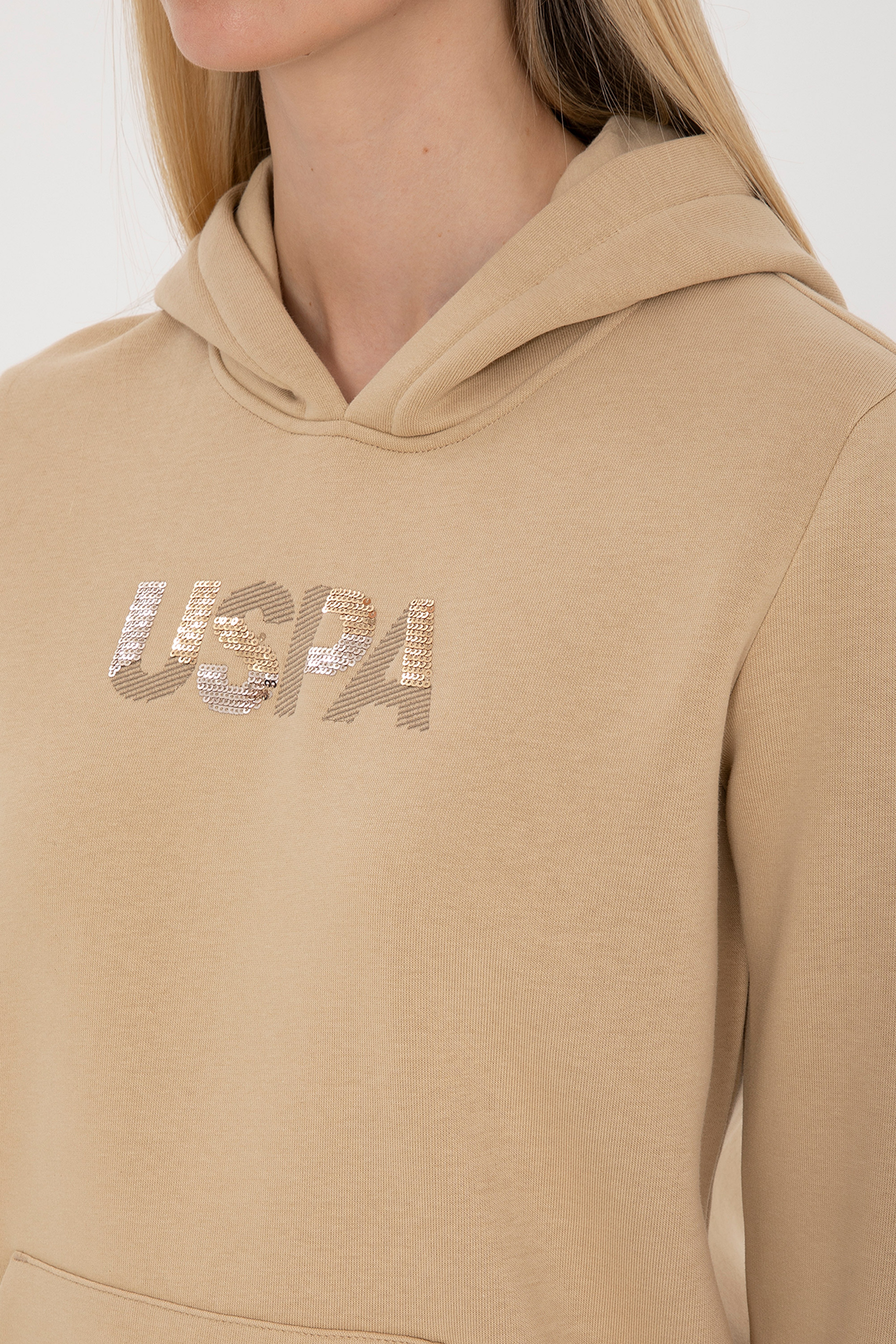 Kadın Kum Kapüşonlu Basic Sweatshirt