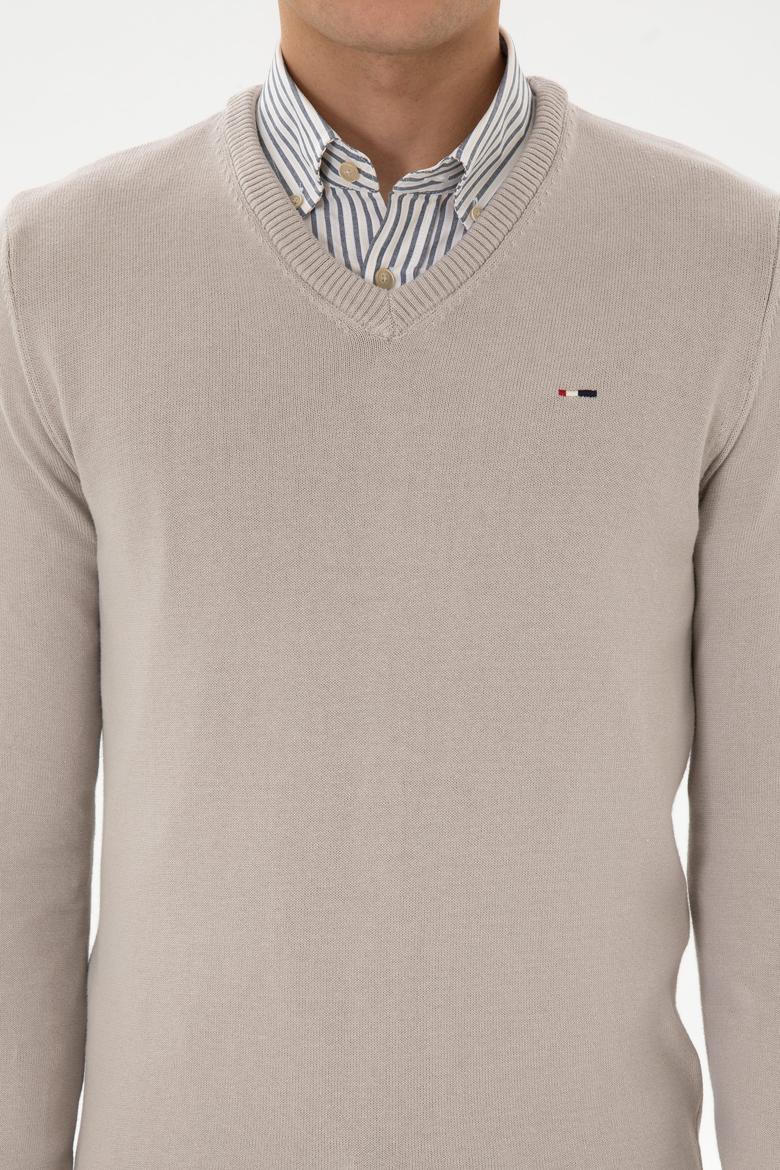 Erkek Slim Fit V Yaka Taş Basic Kazak - 50313668043