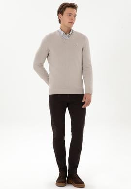 Erkek Slim Fit V Yaka Taş Basic Kazak - 50313668043