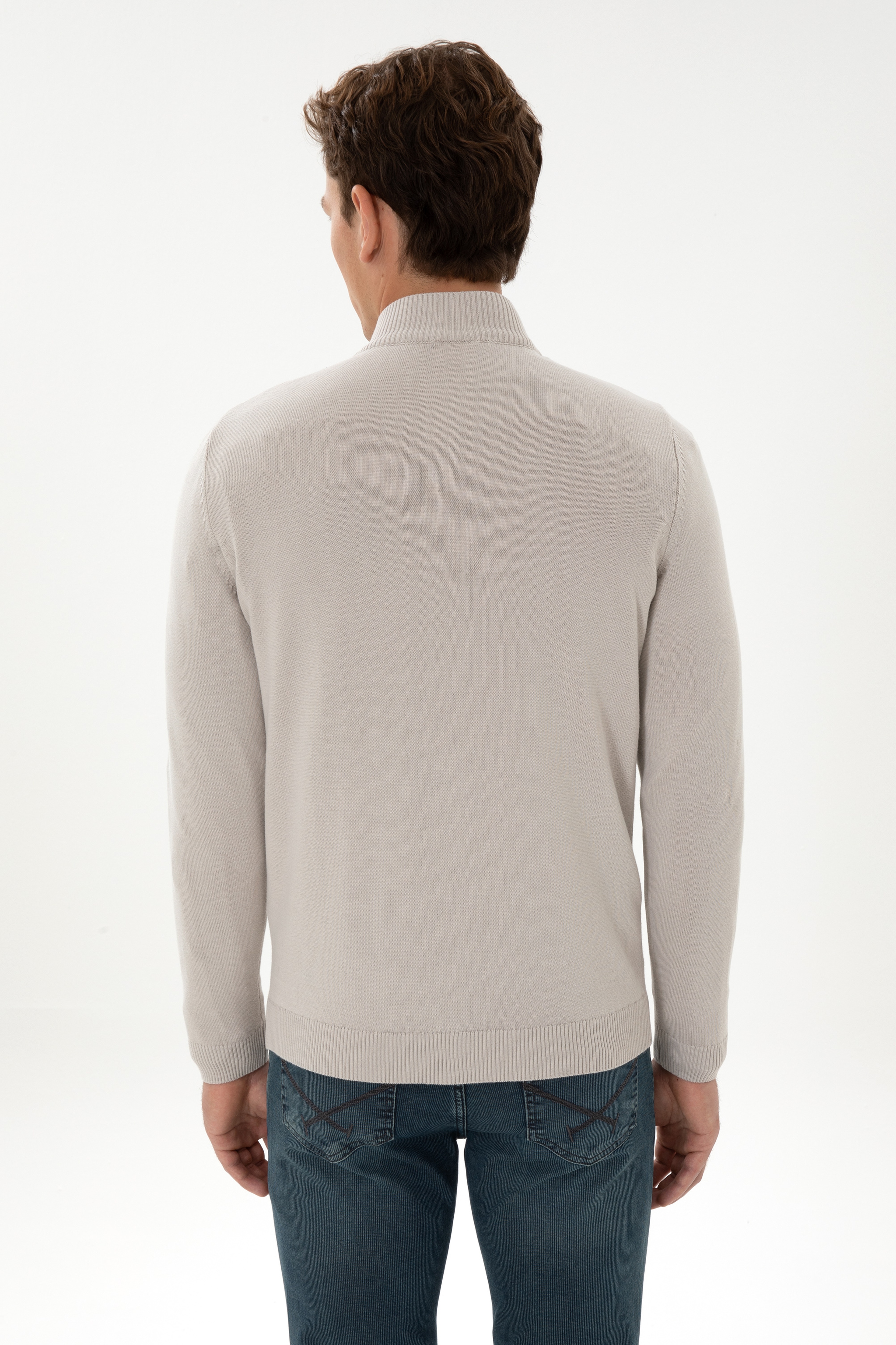 Erkek Slim Fit Yarım Fermuarlı Taş Kazak