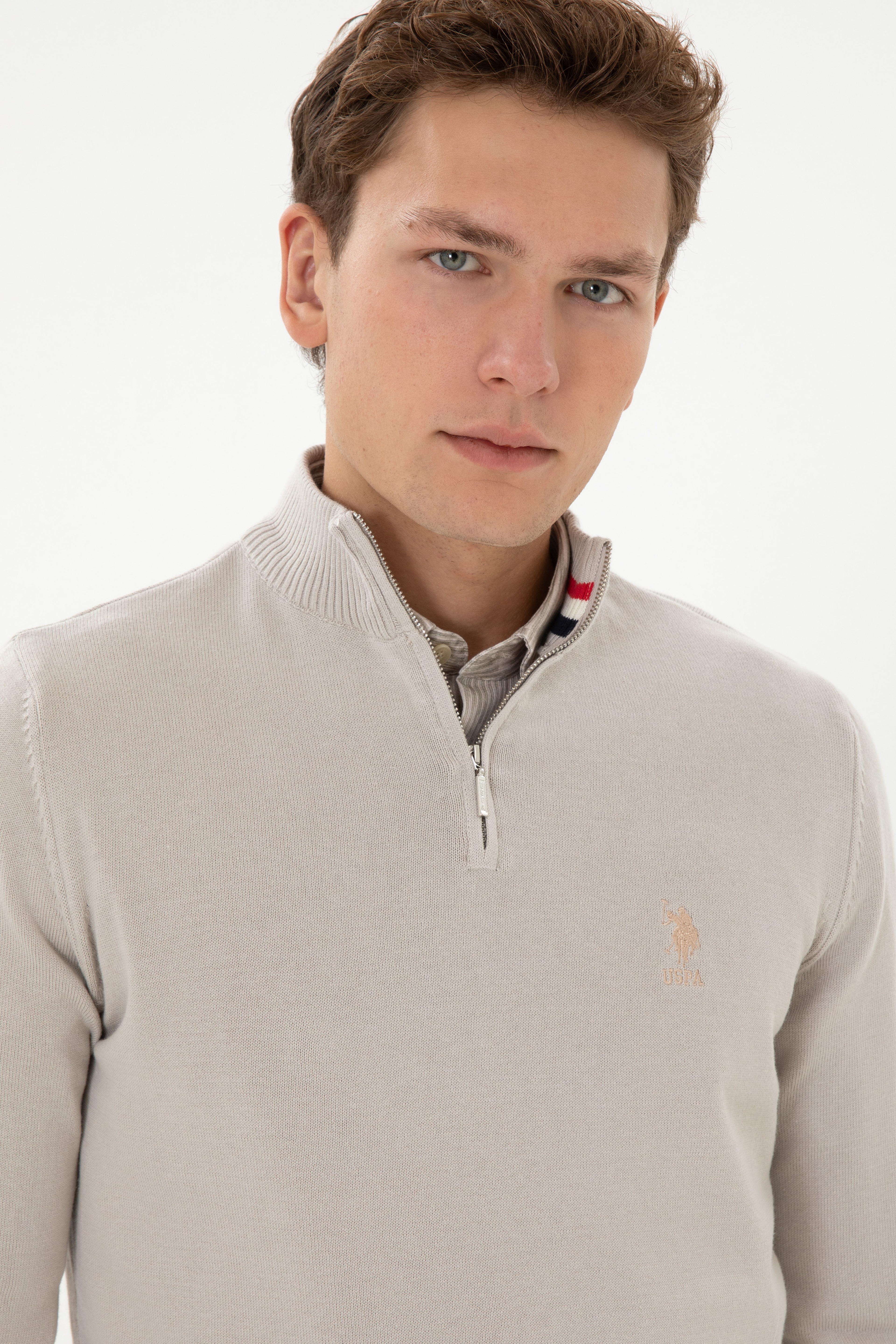 Erkek Slim Fit Yarım Fermuarlı Taş Kazak