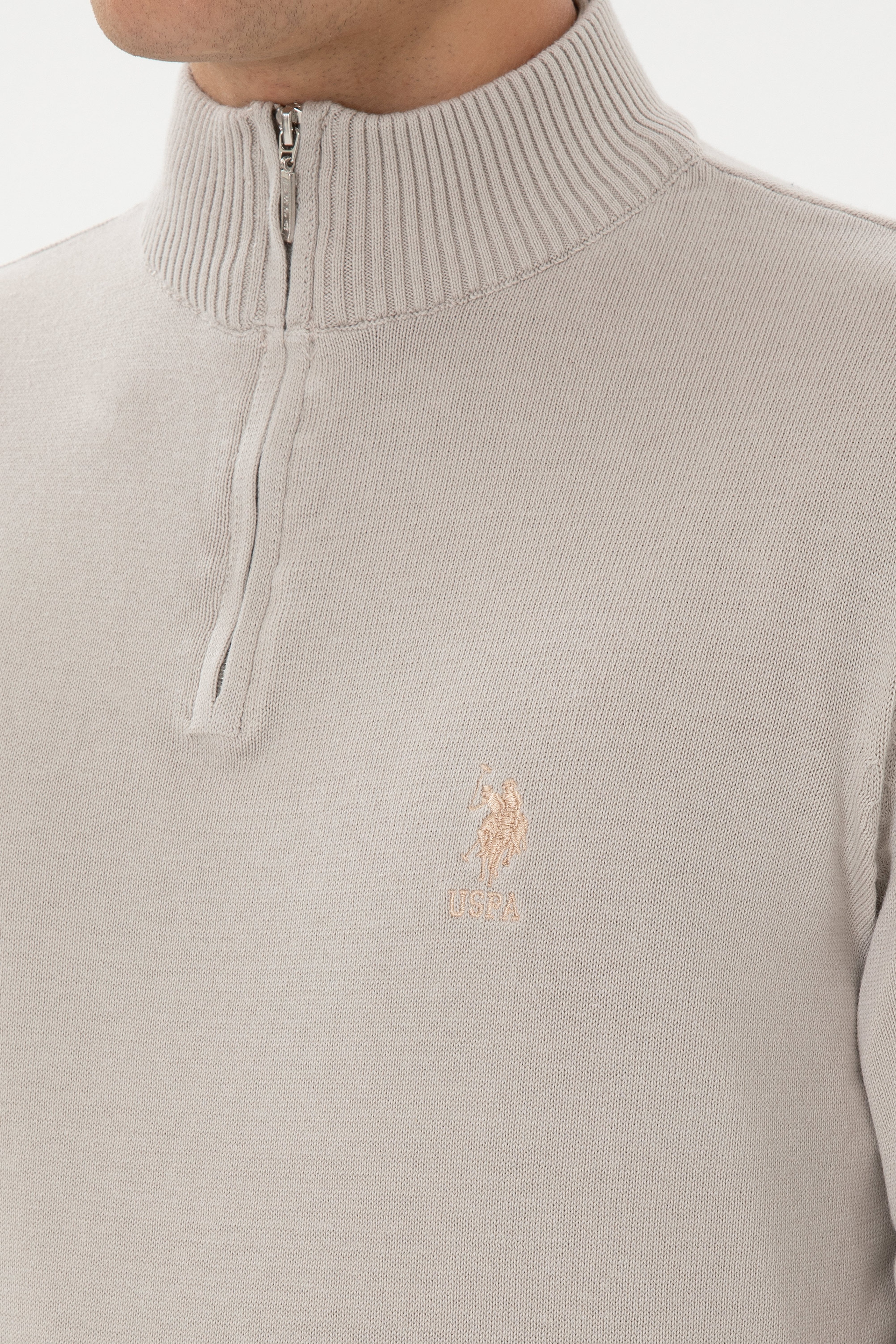Erkek Slim Fit Yarım Fermuarlı Taş Kazak - Image 7
