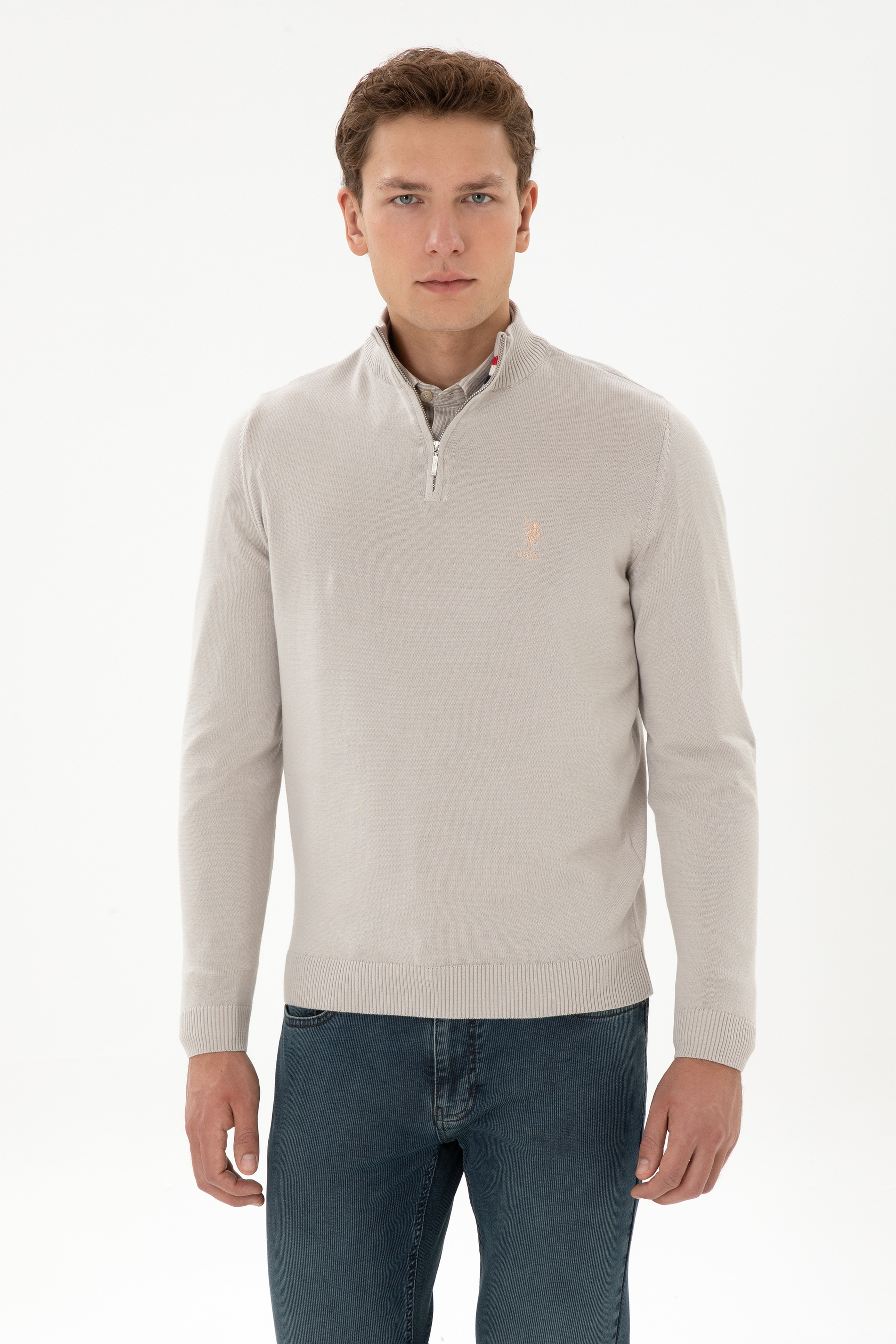 Erkek Slim Fit Yarım Fermuarlı Taş Kazak - Image 3