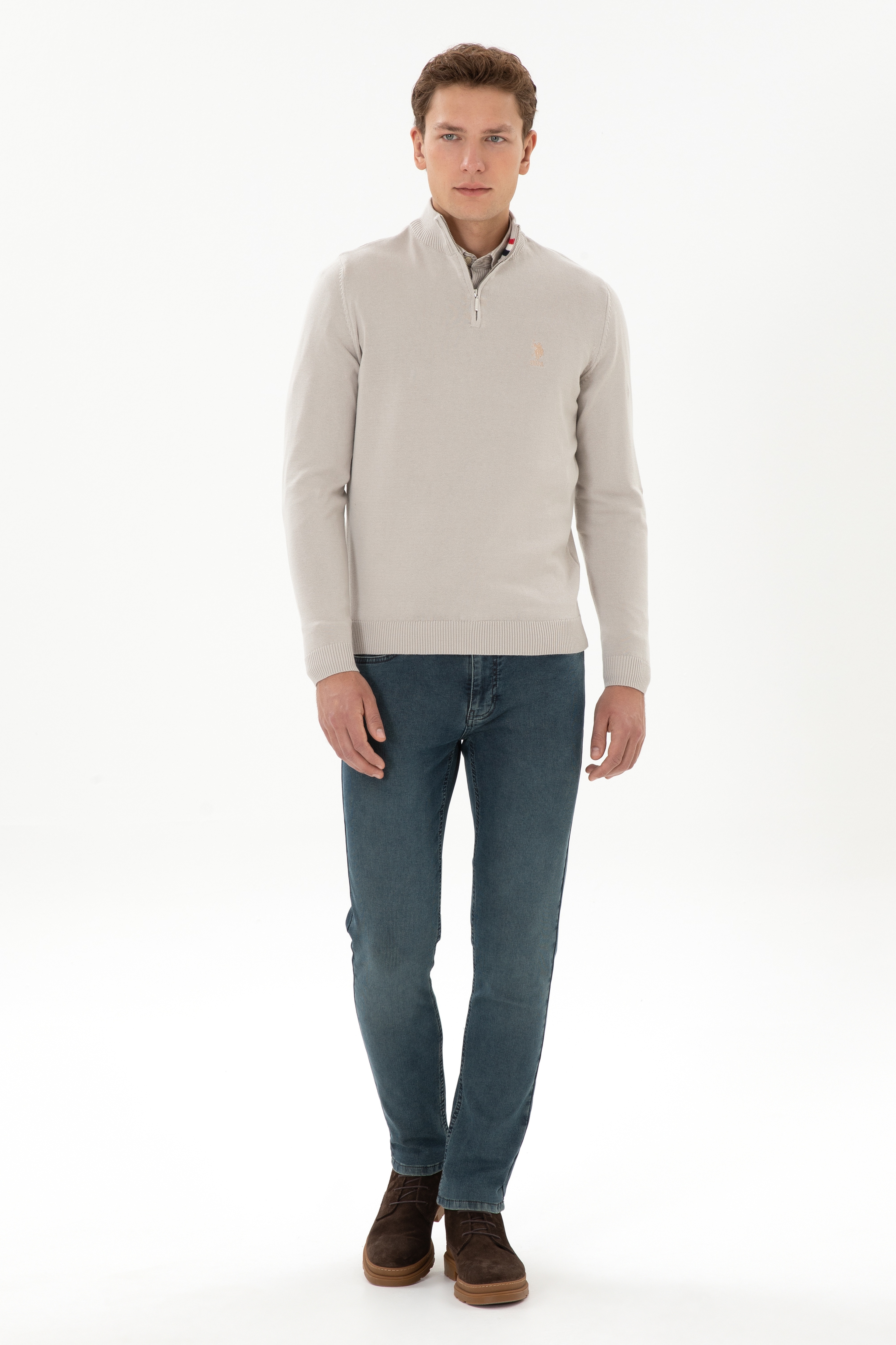 Erkek Slim Fit Yarım Fermuarlı Taş Kazak - Image 4