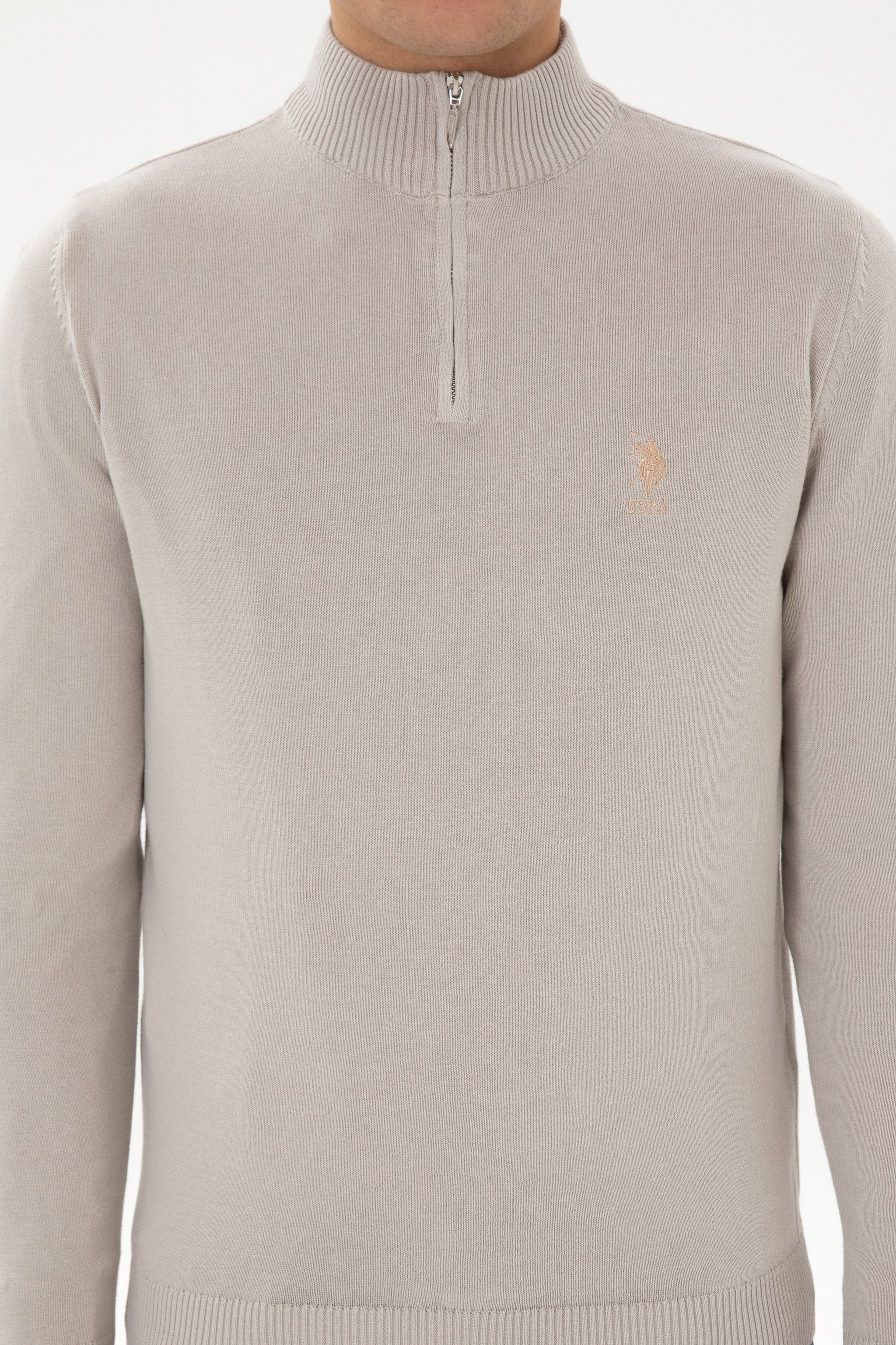 Erkek Slim Fit Yarım Fermuarlı Taş Kazak