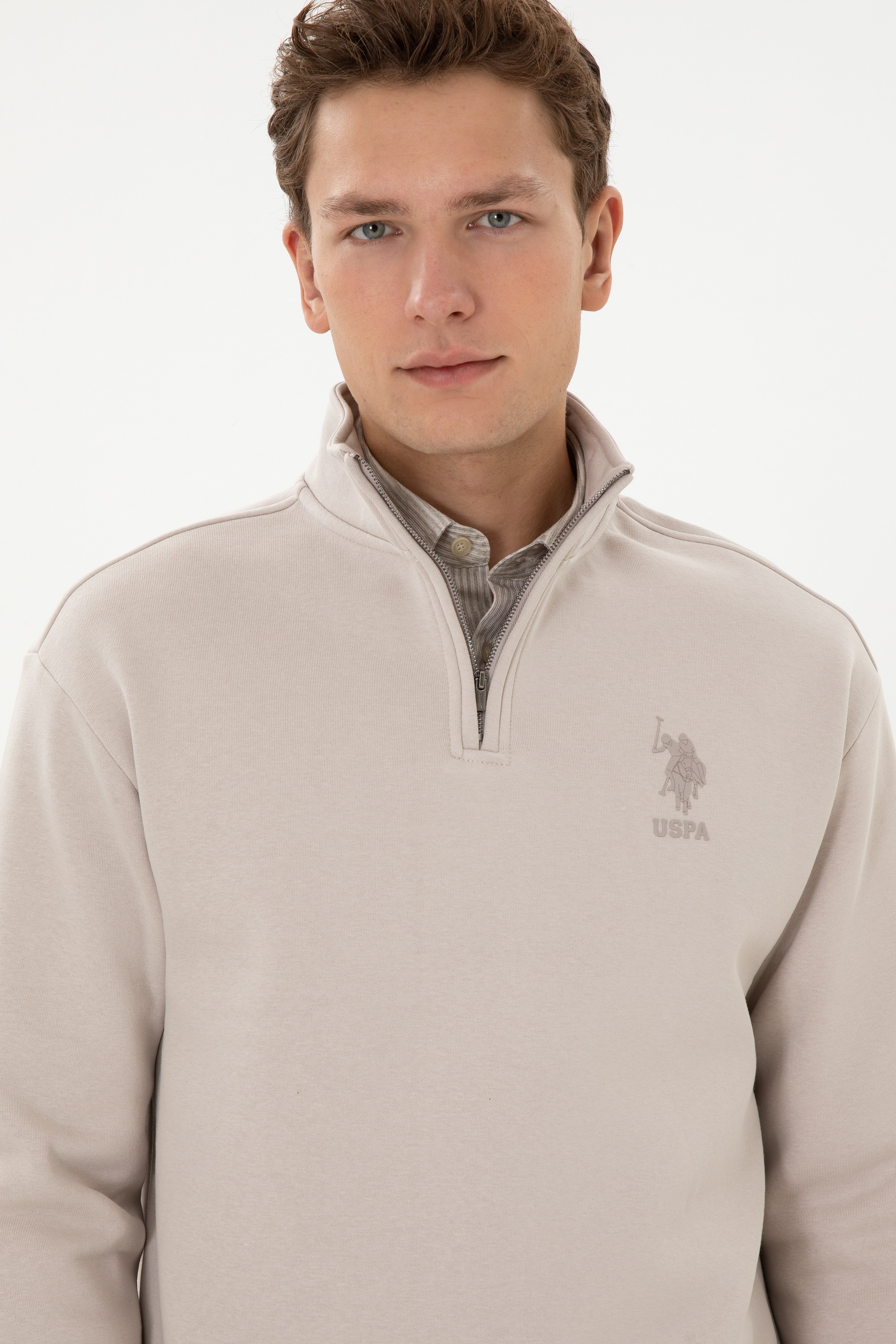 Erkek Comfort Fit Yarım Fermuarlı Taş Sweatshirt