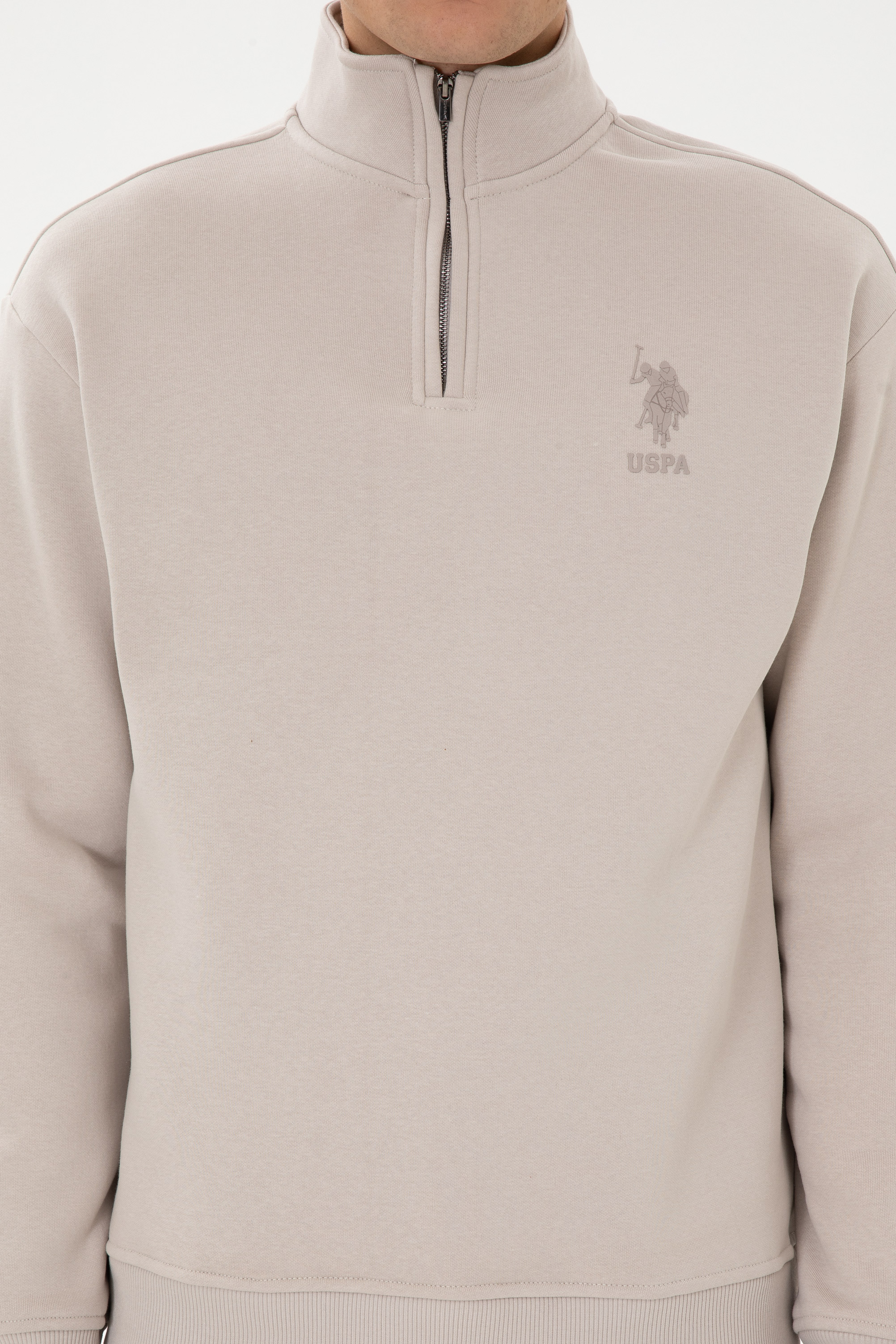 Erkek Comfort Fit Yarım Fermuarlı Taş Sweatshirt