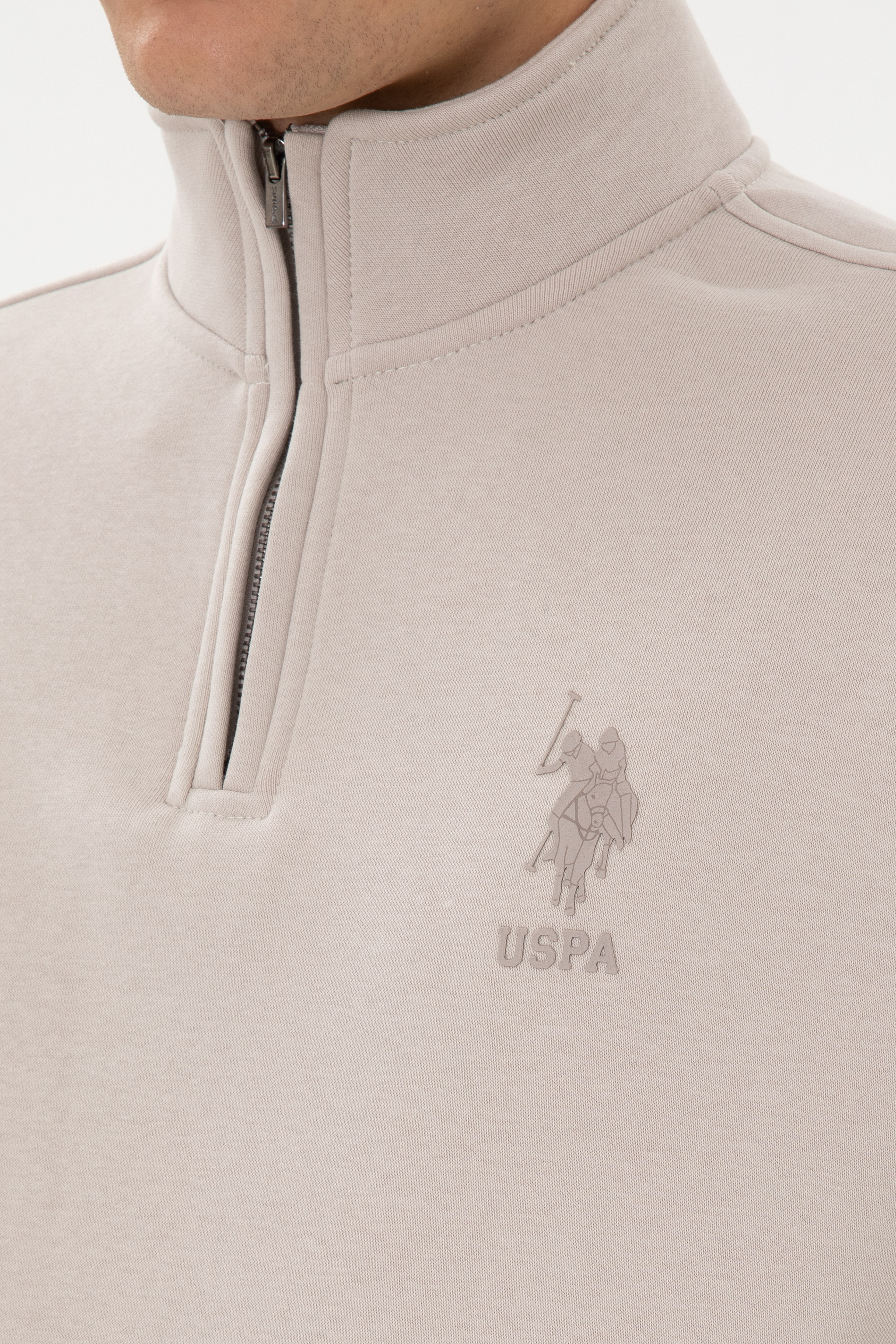 Erkek Comfort Fit Yarım Fermuarlı Taş Sweatshirt - Image 7