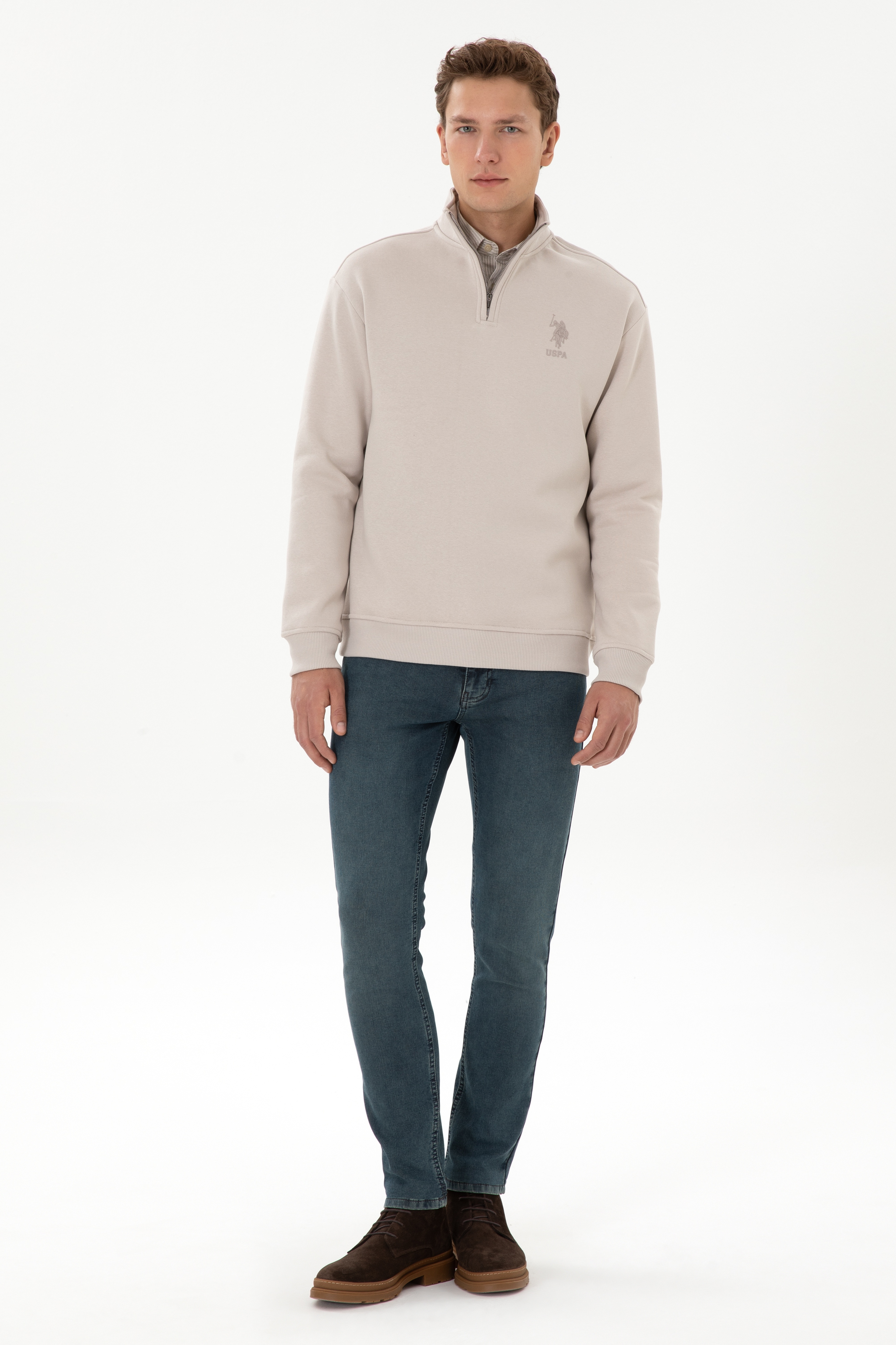 Erkek Comfort Fit Yarım Fermuarlı Taş Sweatshirt - Image 4