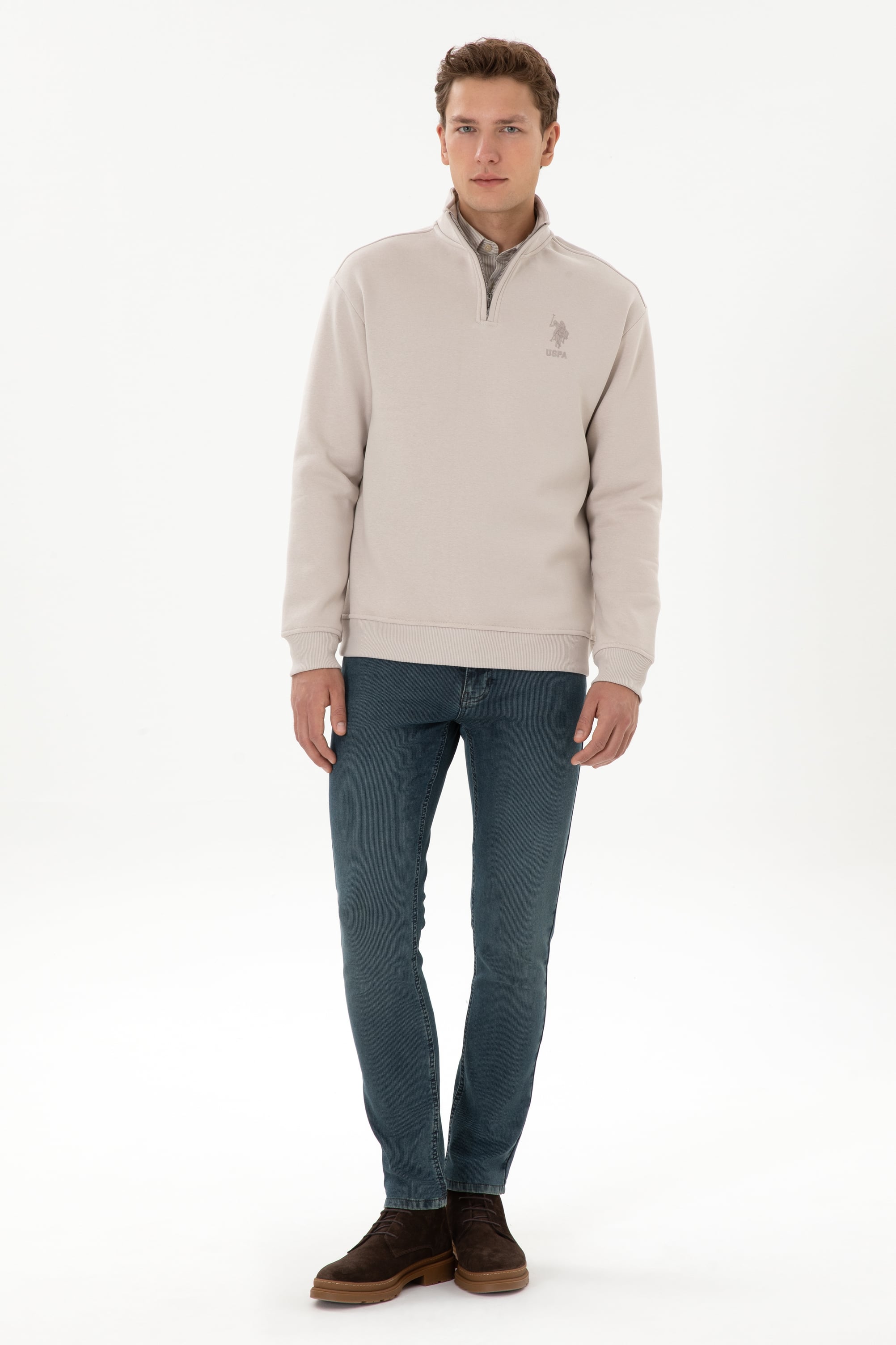 Erkek Comfort Fit Yarım Fermuarlı Taş Sweatshirt