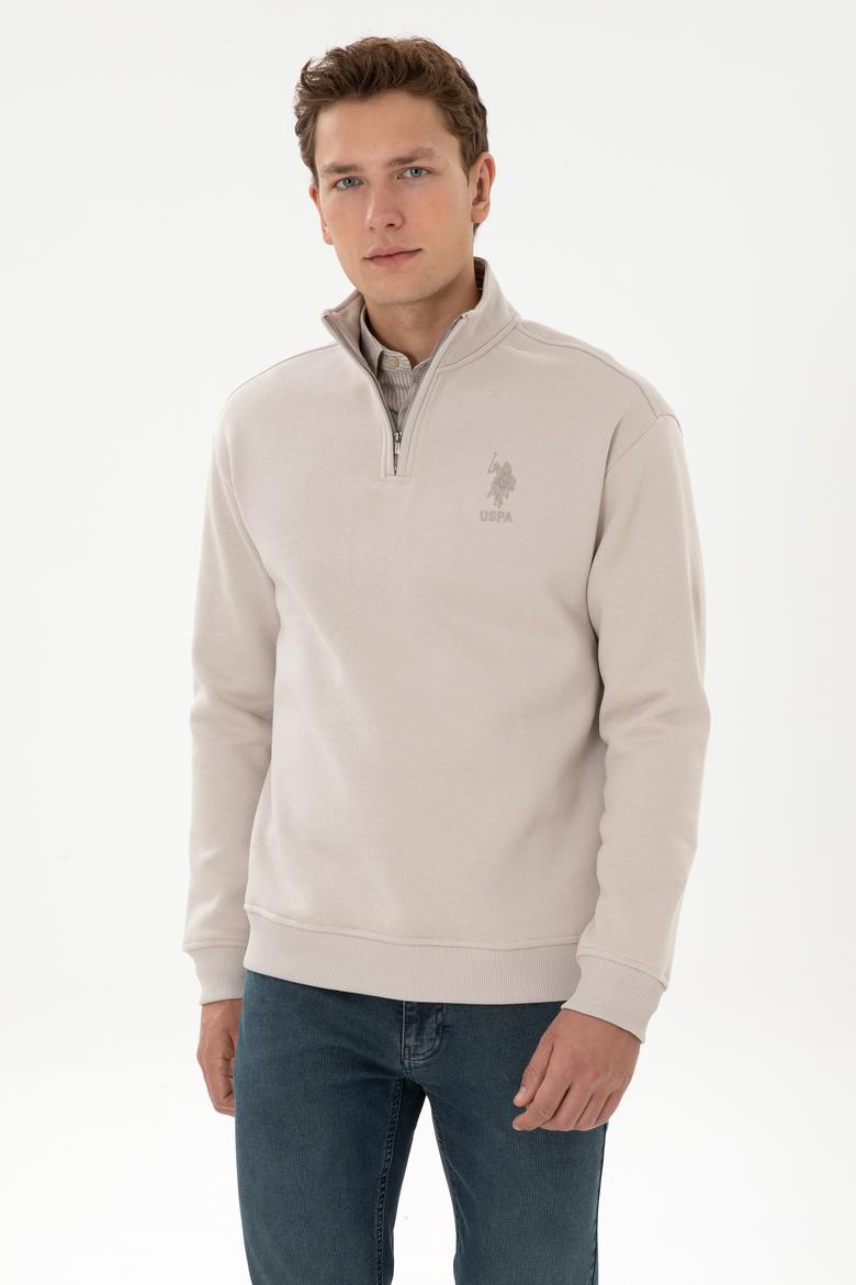 Erkek Comfort Fit Yarım Fermuarlı Taş Sweatshirt