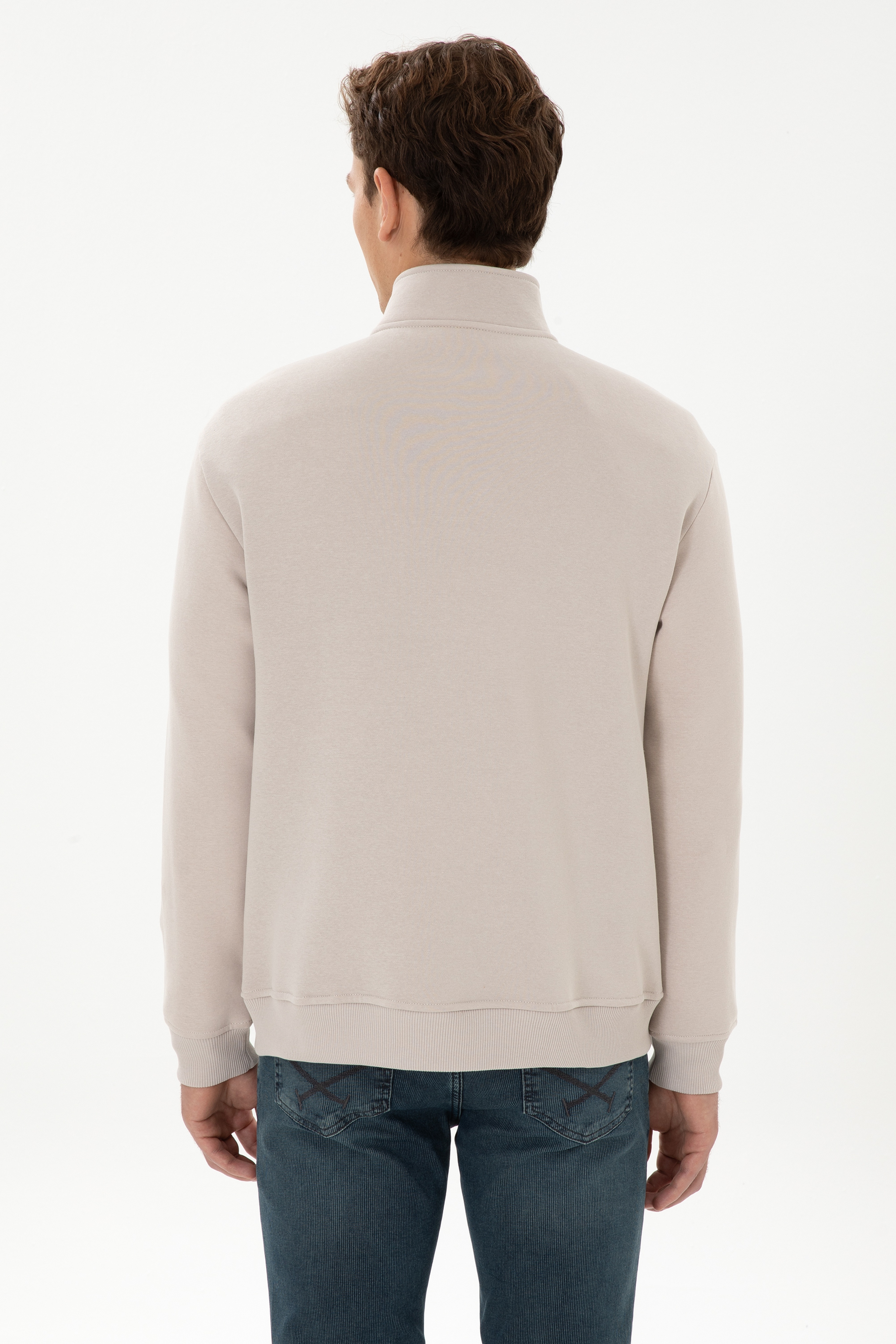 Erkek Comfort Fit Yarım Fermuarlı Taş Sweatshirt - Image 5