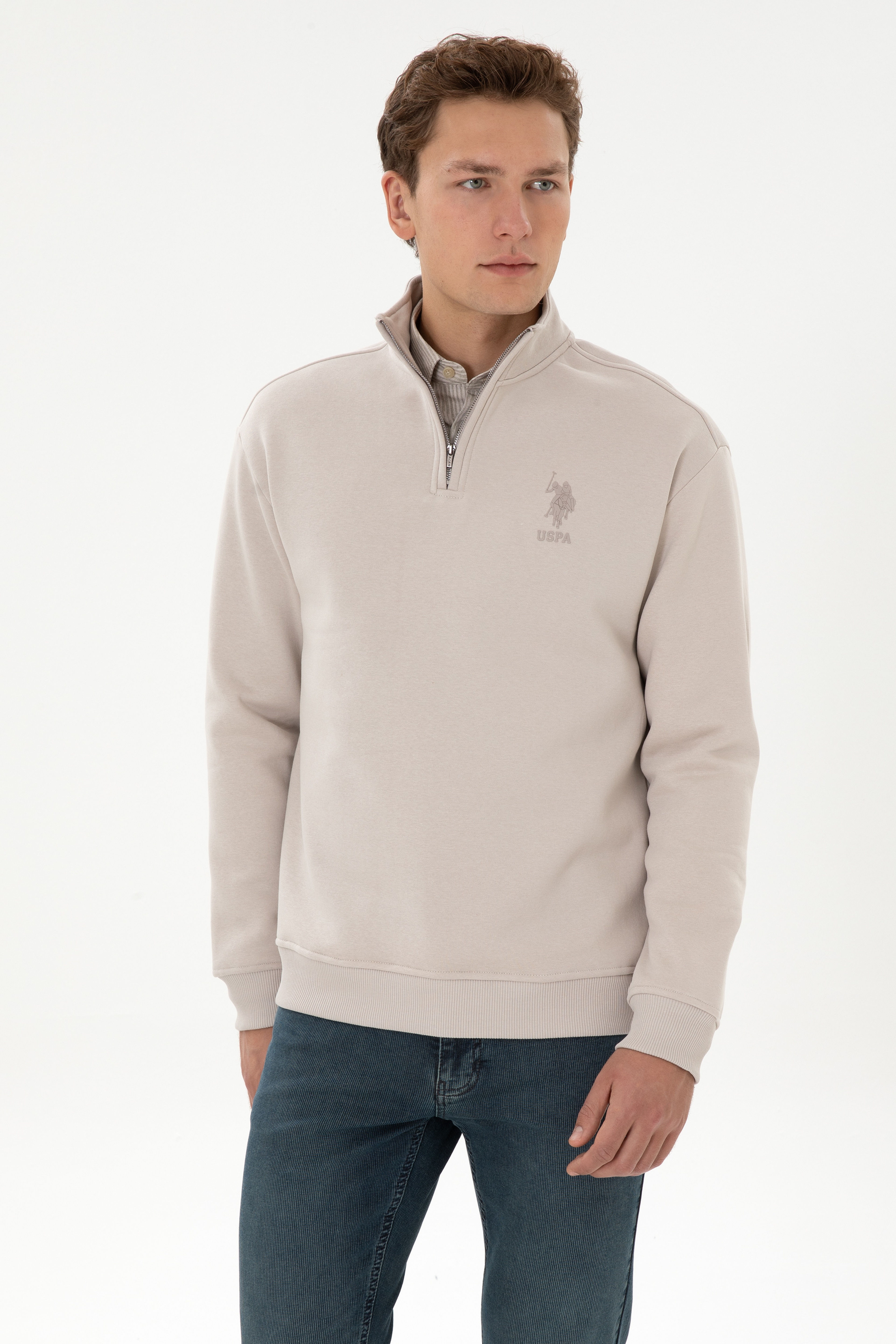 Erkek Comfort Fit Yarım Fermuarlı Taş Sweatshirt - Image 3