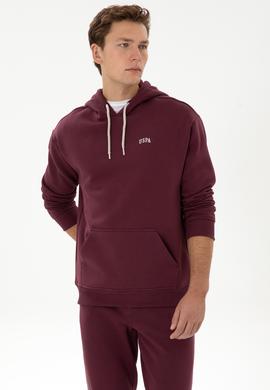 Erkek Oversize Fit Kapüşonlu Şardonlu Bordo Basic Sweatshirt - 50313782136