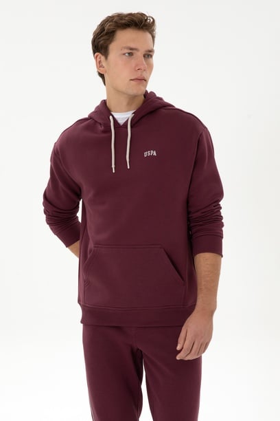 Erkek Oversize Fit Kapüşonlu Şardonlu Bordo Basic Sweatshirt