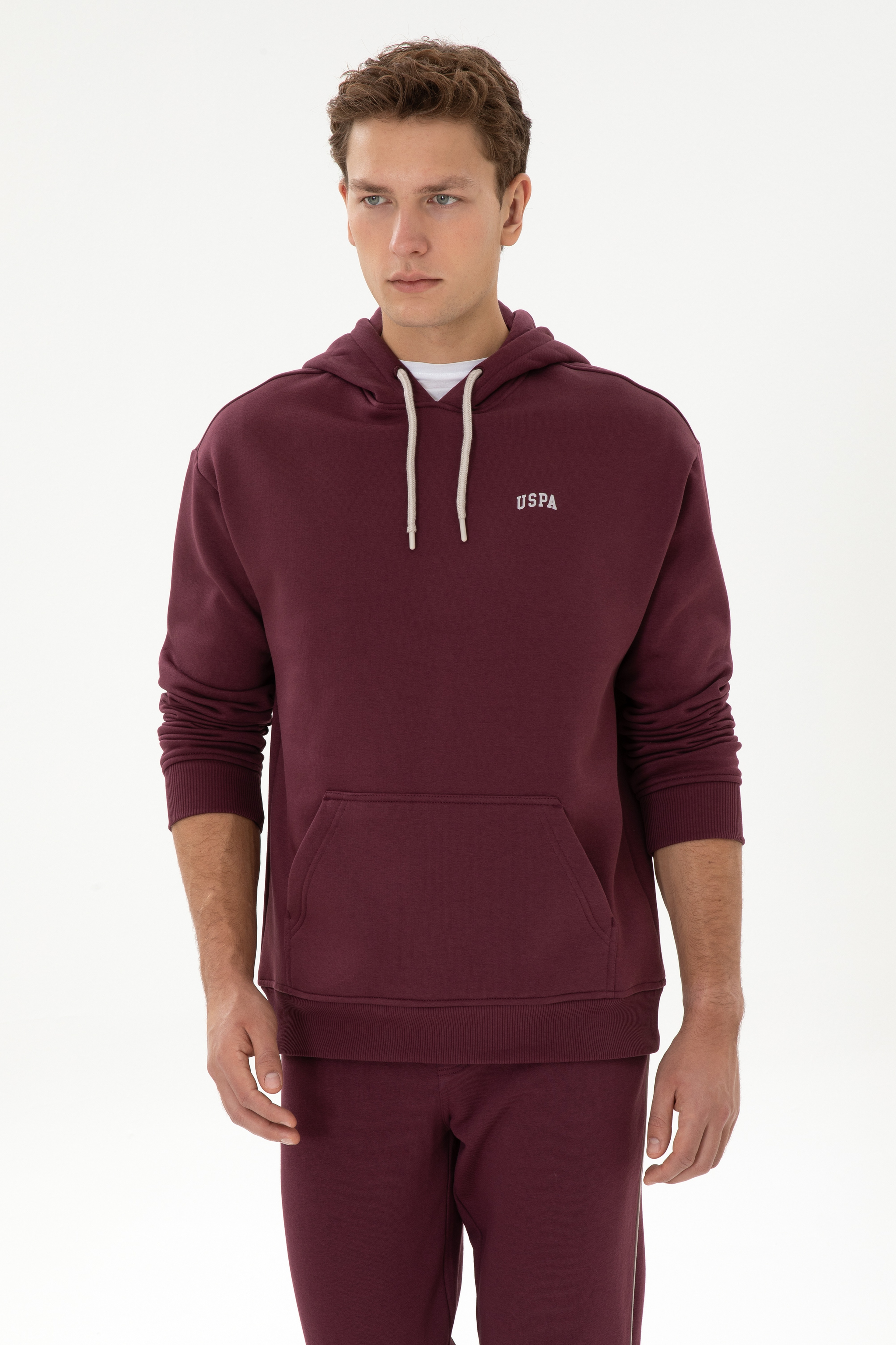 Erkek Oversize Fit Kapüşonlu Şardonlu Bordo Basic Sweatshirt - Image 1