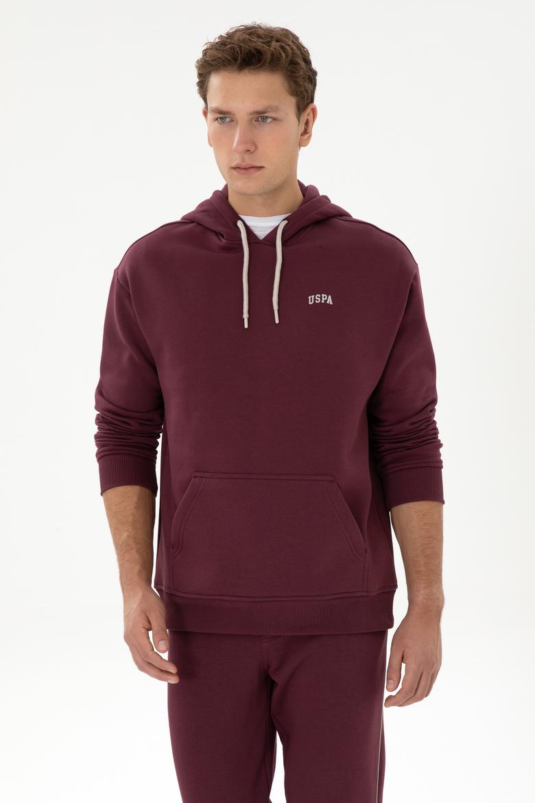 Erkek Oversize Fit Kapüşonlu Şardonlu Bordo Basic Sweatshirt