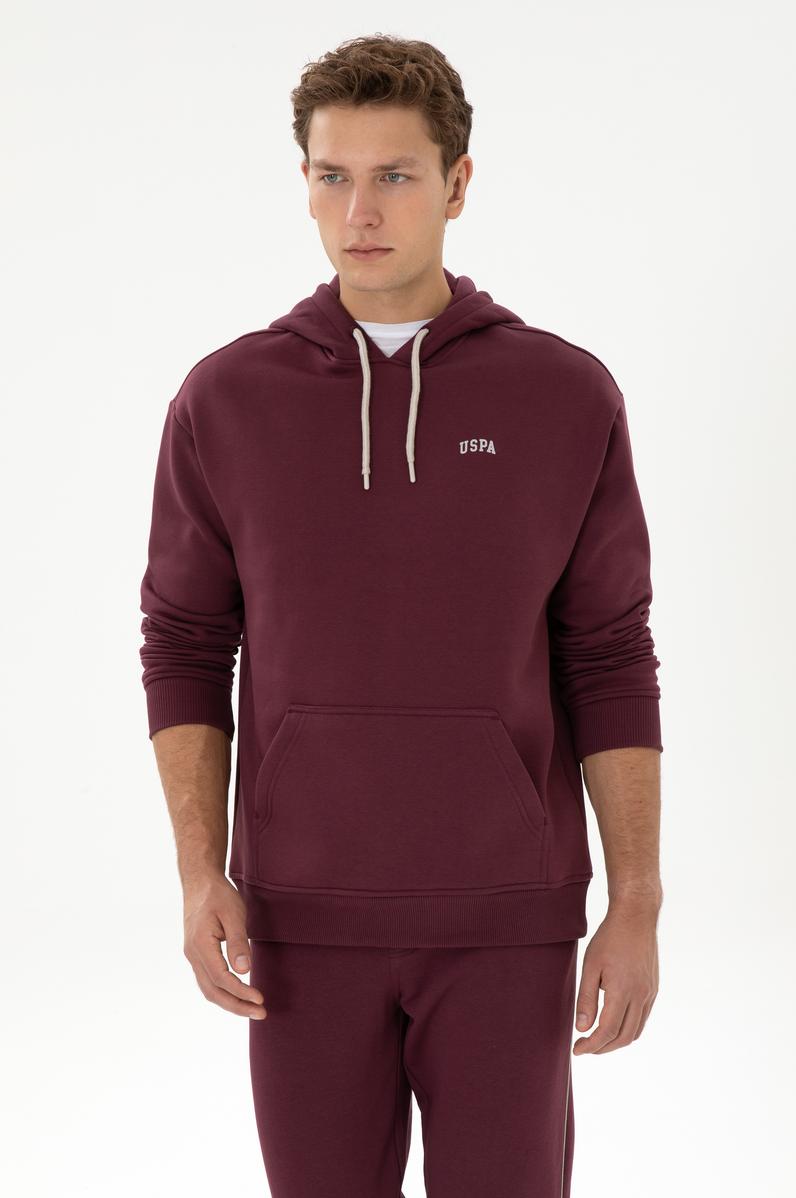 Erkek Oversize Fit Kapüşonlu Şardonlu Bordo Basic Sweatshirt