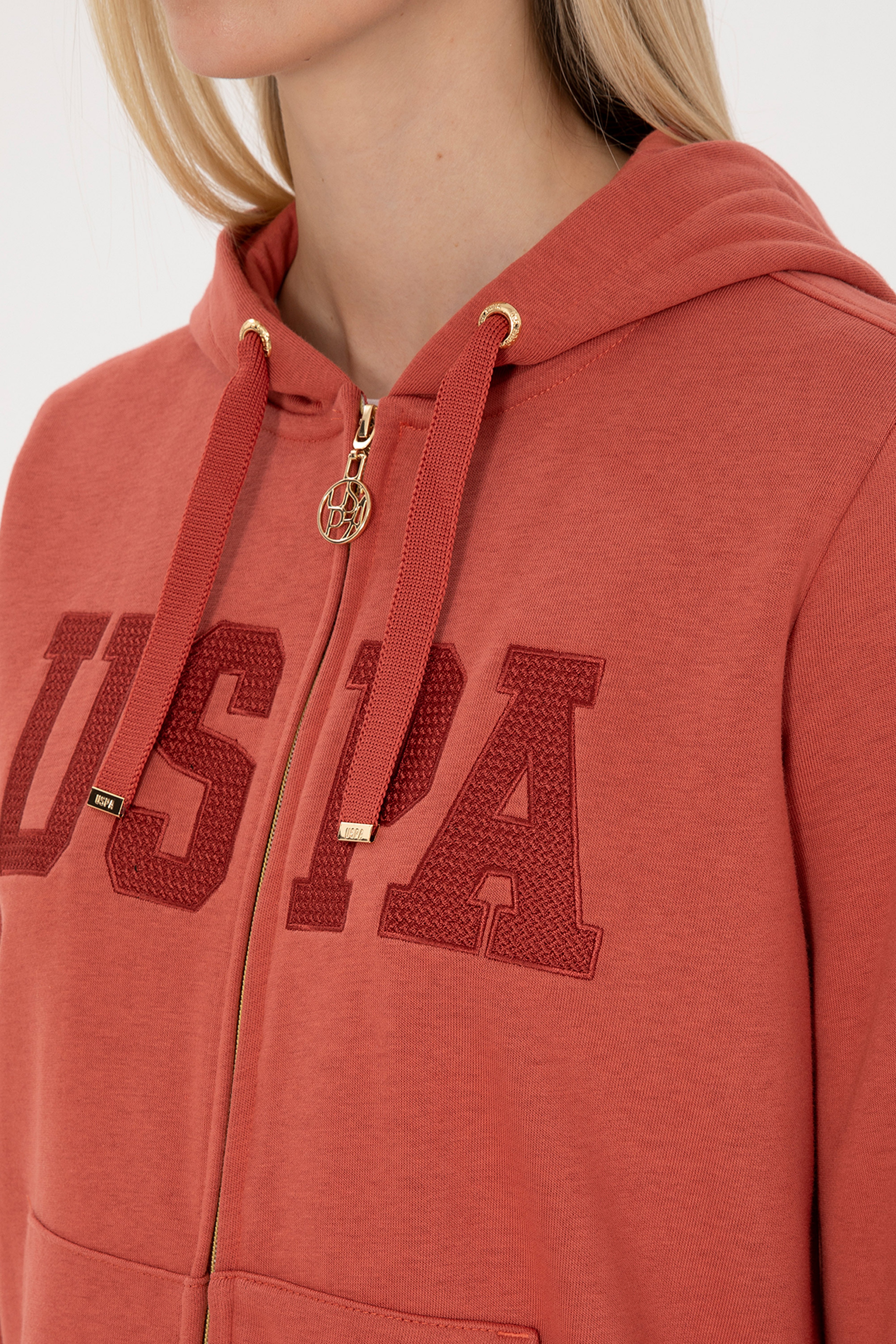 Kadın Kiremit Uzun Fermuarlı Kapüşonlu Basic Sweatshirt